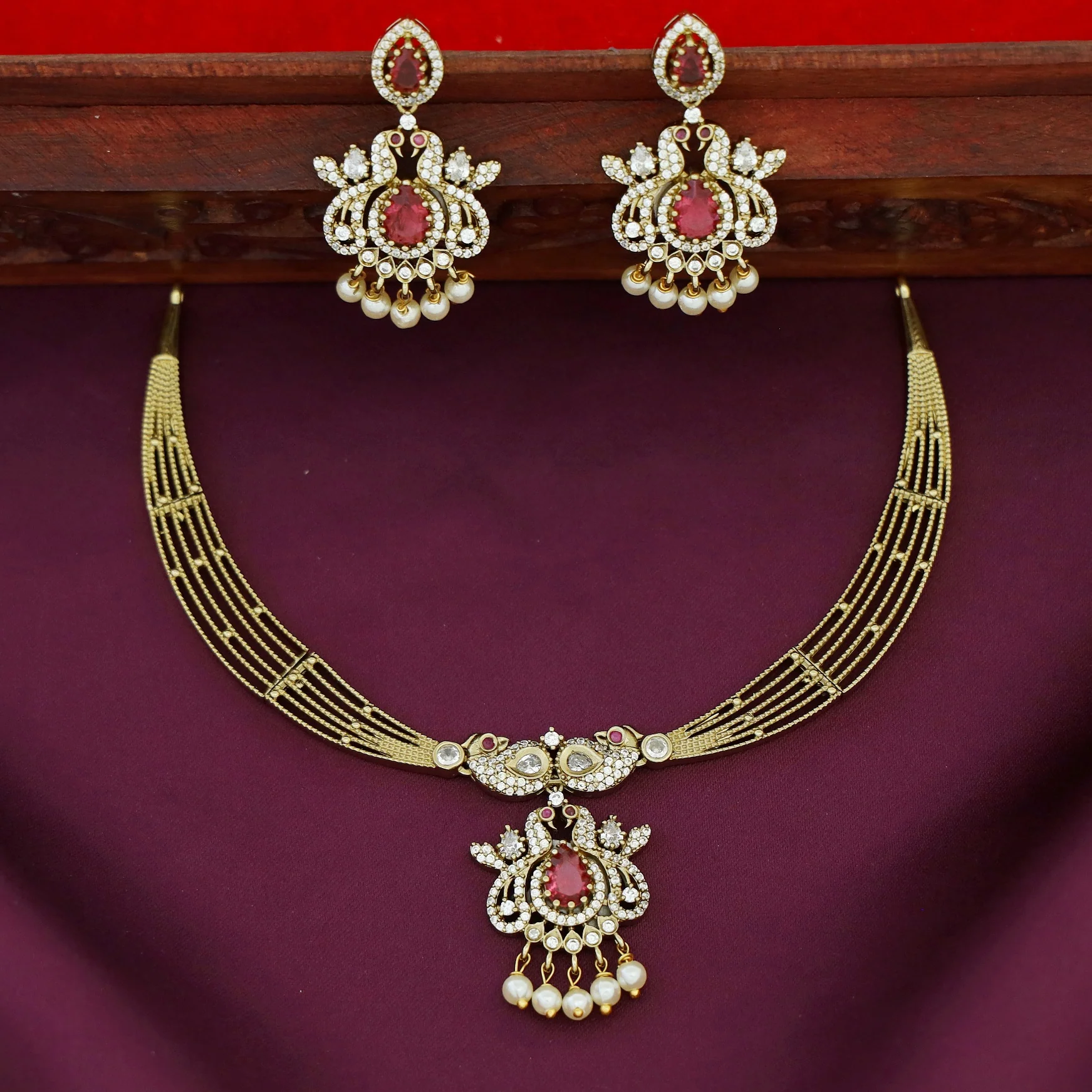 Dhara Mayura Stiff Pearl AD Stone Short Neckpiece With Earring - Image 2