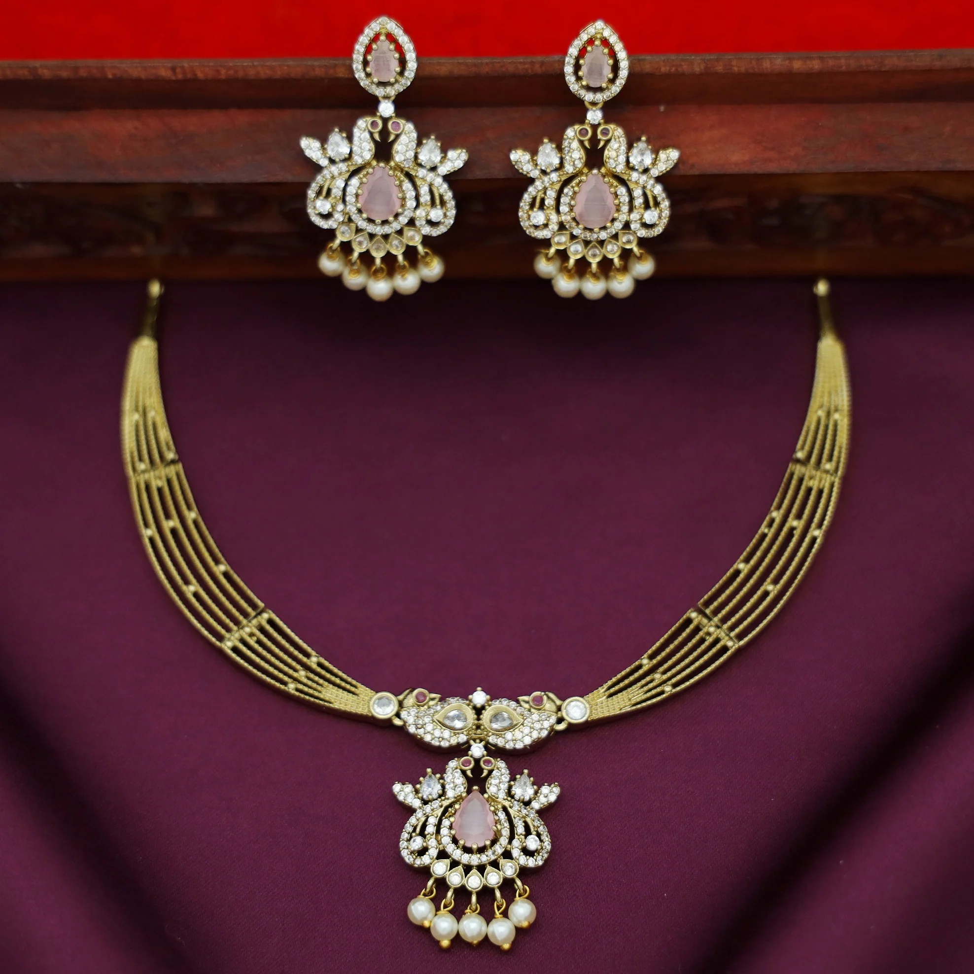 Dhara Mayura Stiff Pearl AD Stone Short Neckpiece With Earring - Image 3