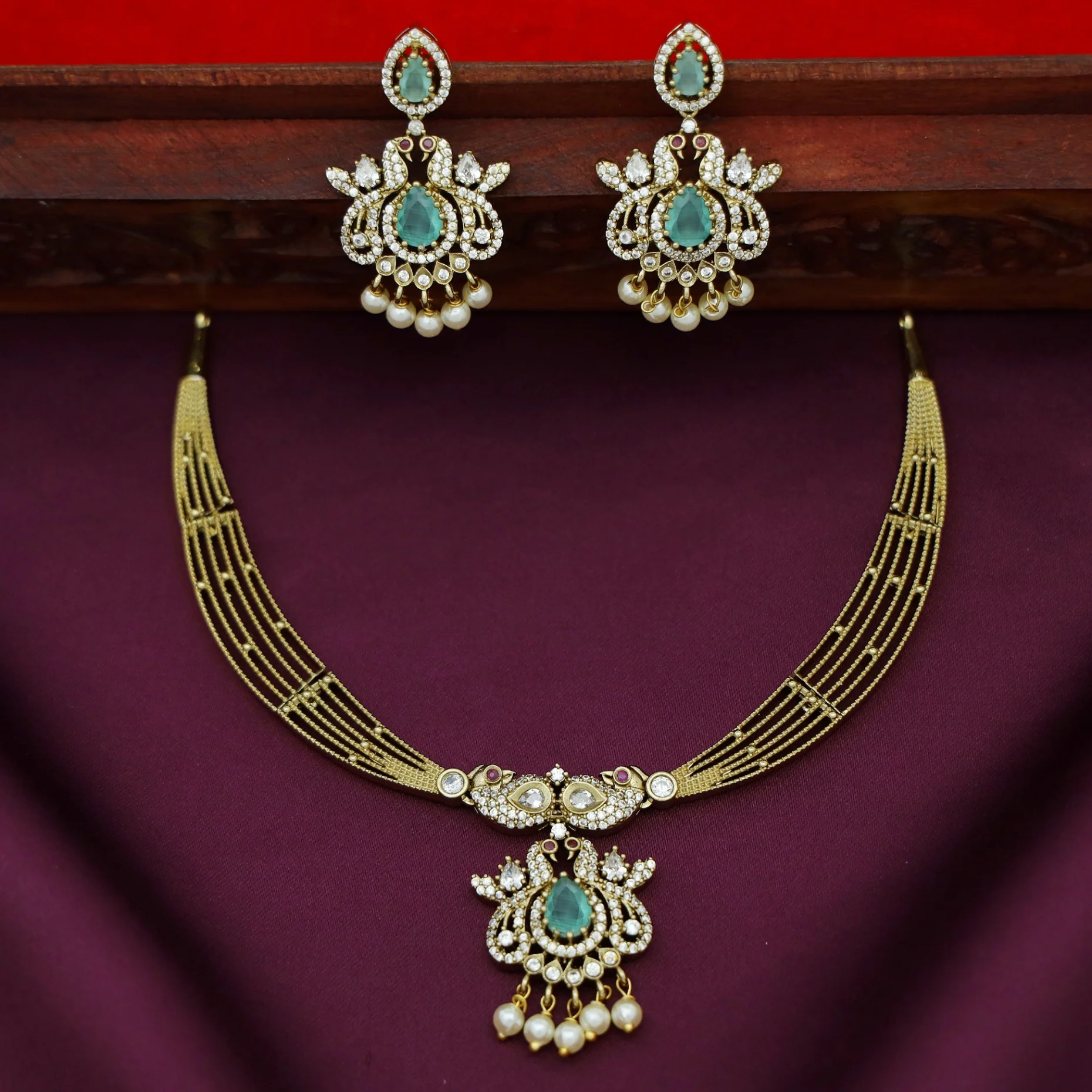 Dhara Mayura Stiff Pearl AD Stone Short Neckpiece With Earring - Image 4