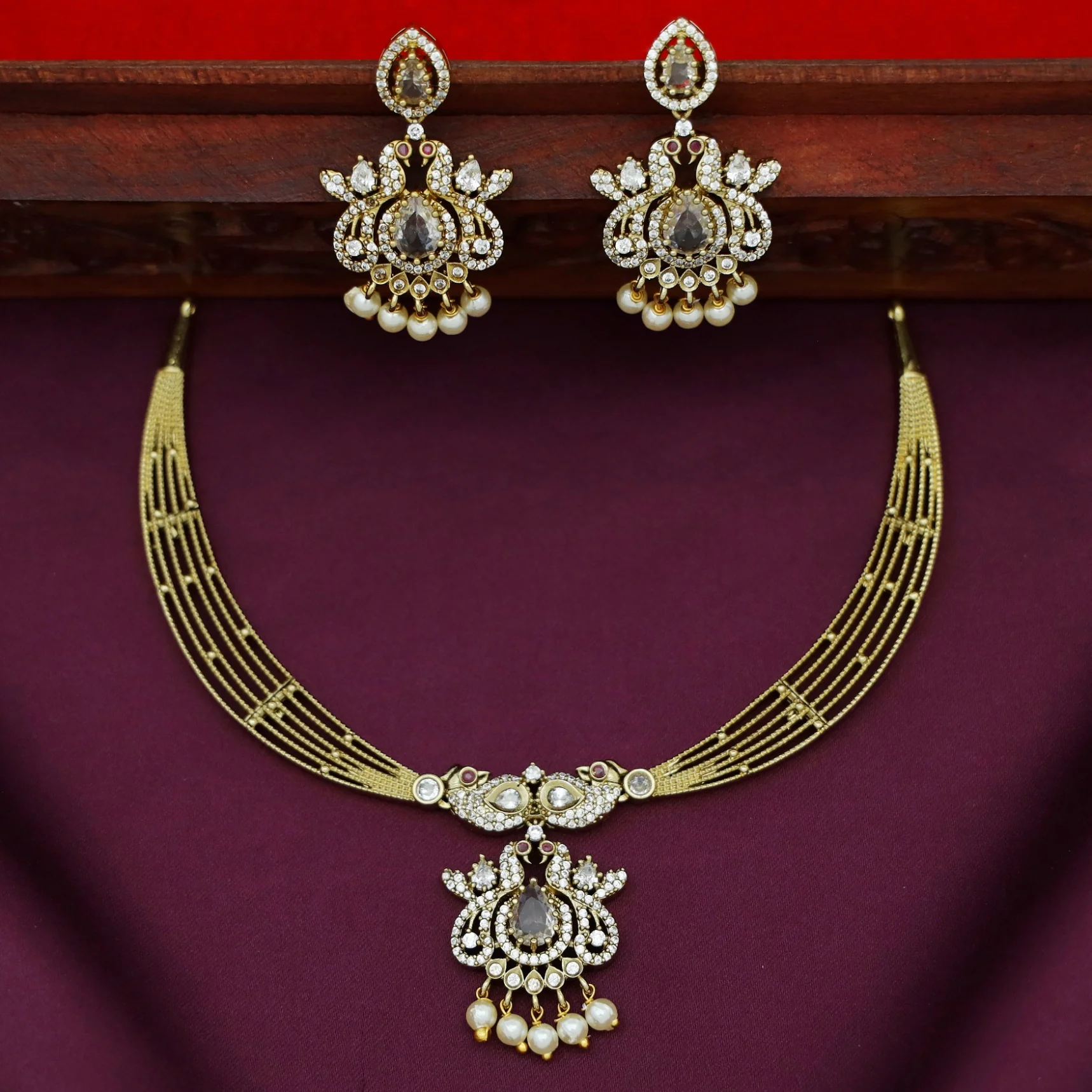 Dhara Mayura Stiff Pearl AD Stone Short Neckpiece With Earring - Image 5
