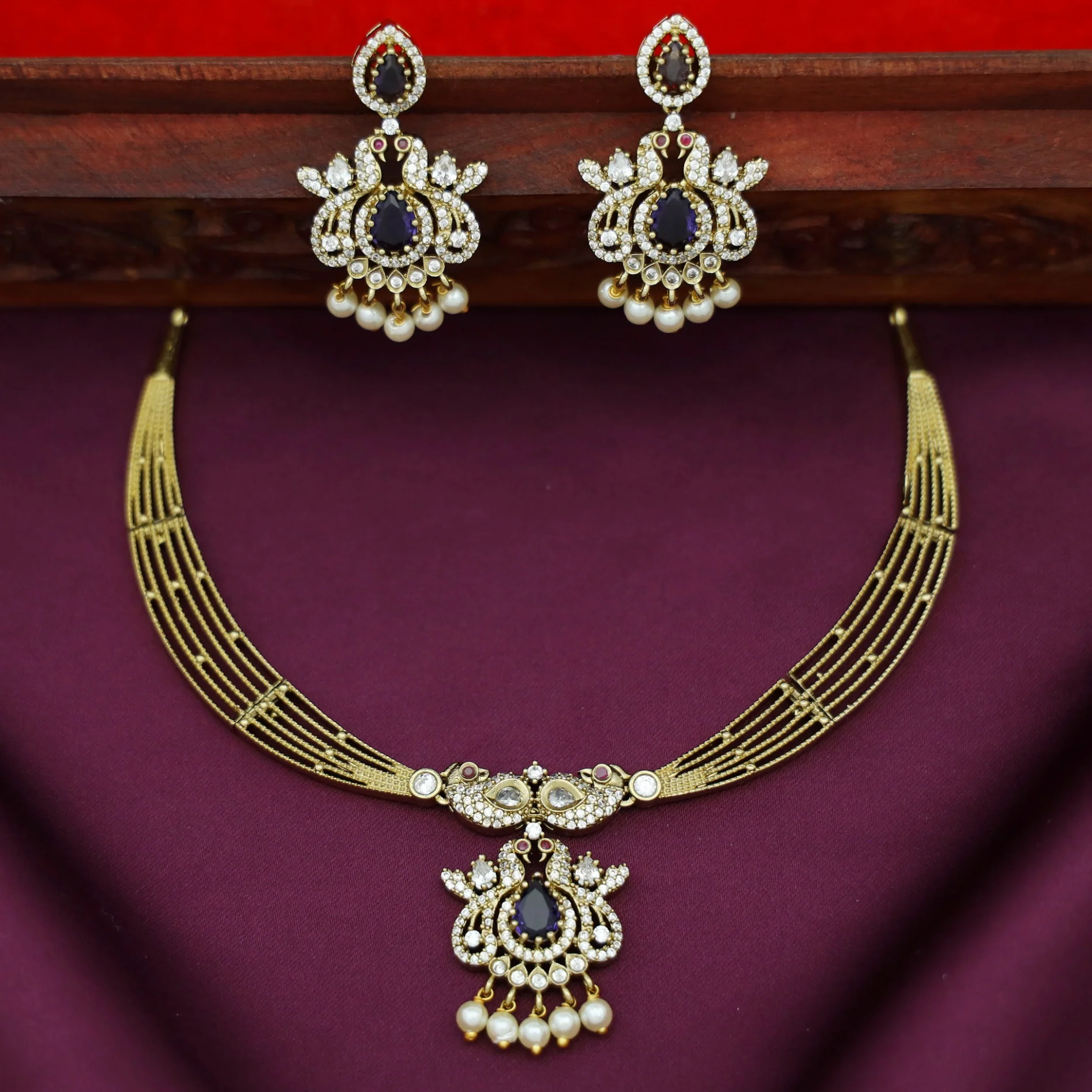 Dhara Mayura Stiff Pearl AD Stone Short Neckpiece With Earring - Image 6
