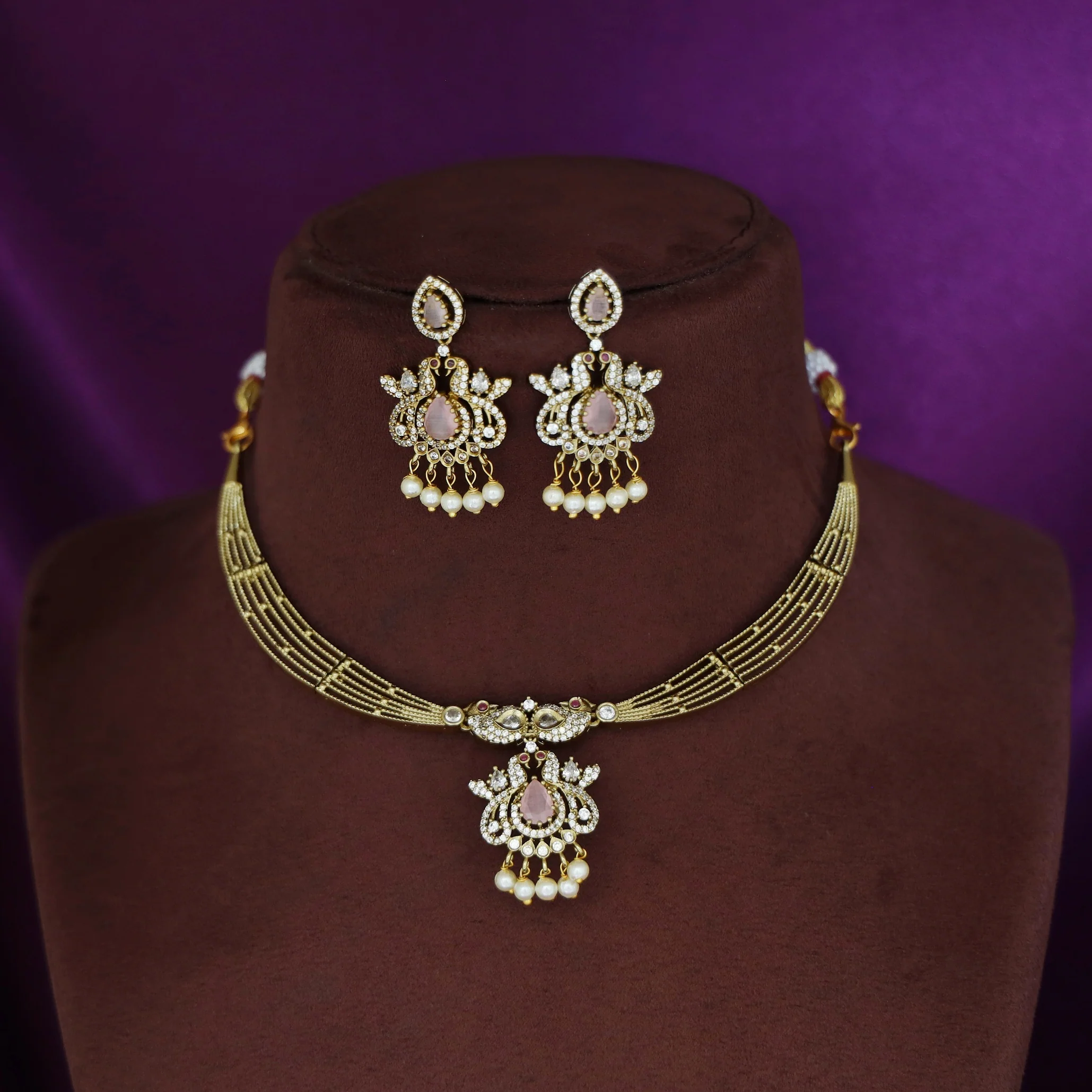 Dhara Mayura Stiff Pearl AD Stone Short Neckpiece With Earring - Image 7