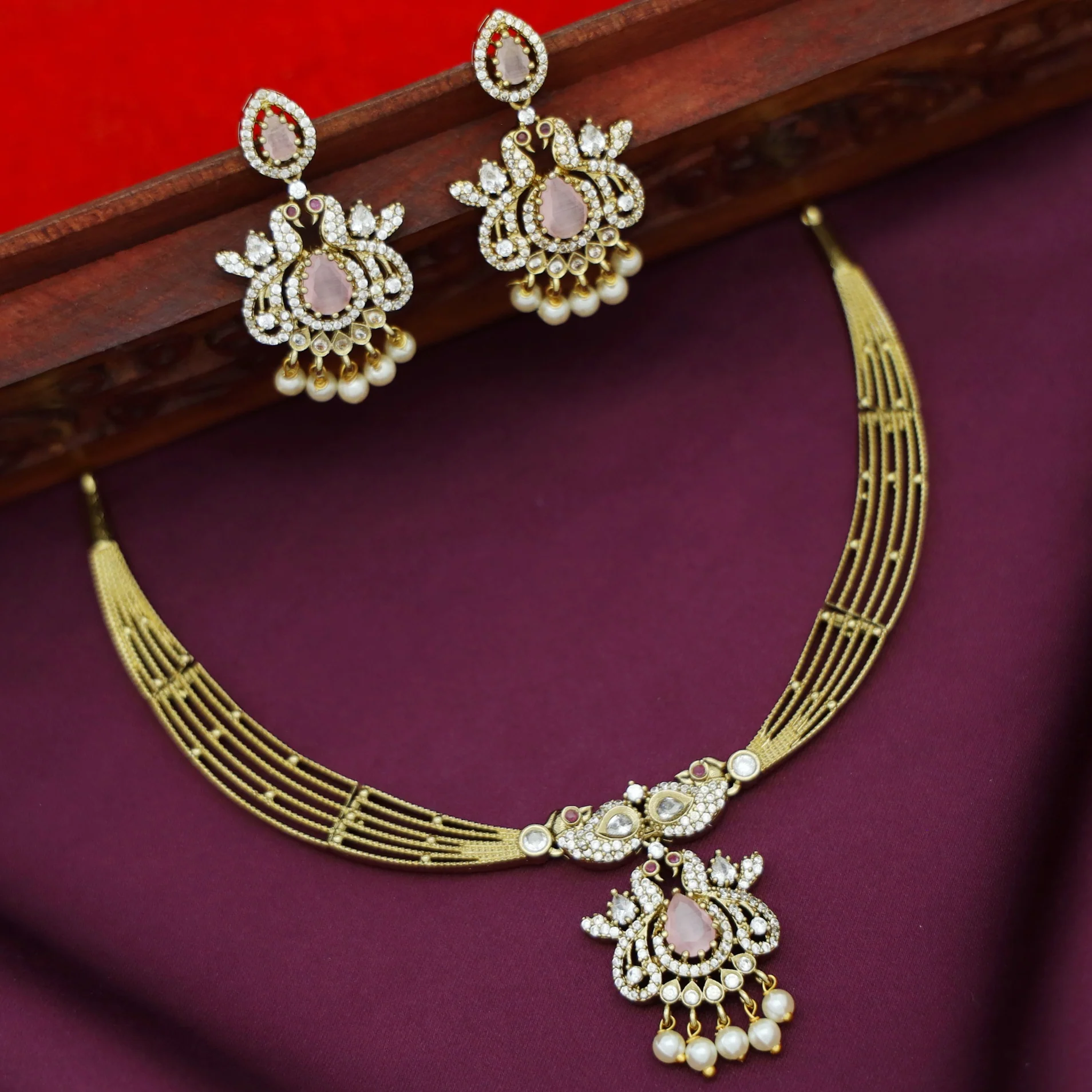 Dhara Mayura Stiff Pearl AD Stone Short Neckpiece With Earring - Image 8