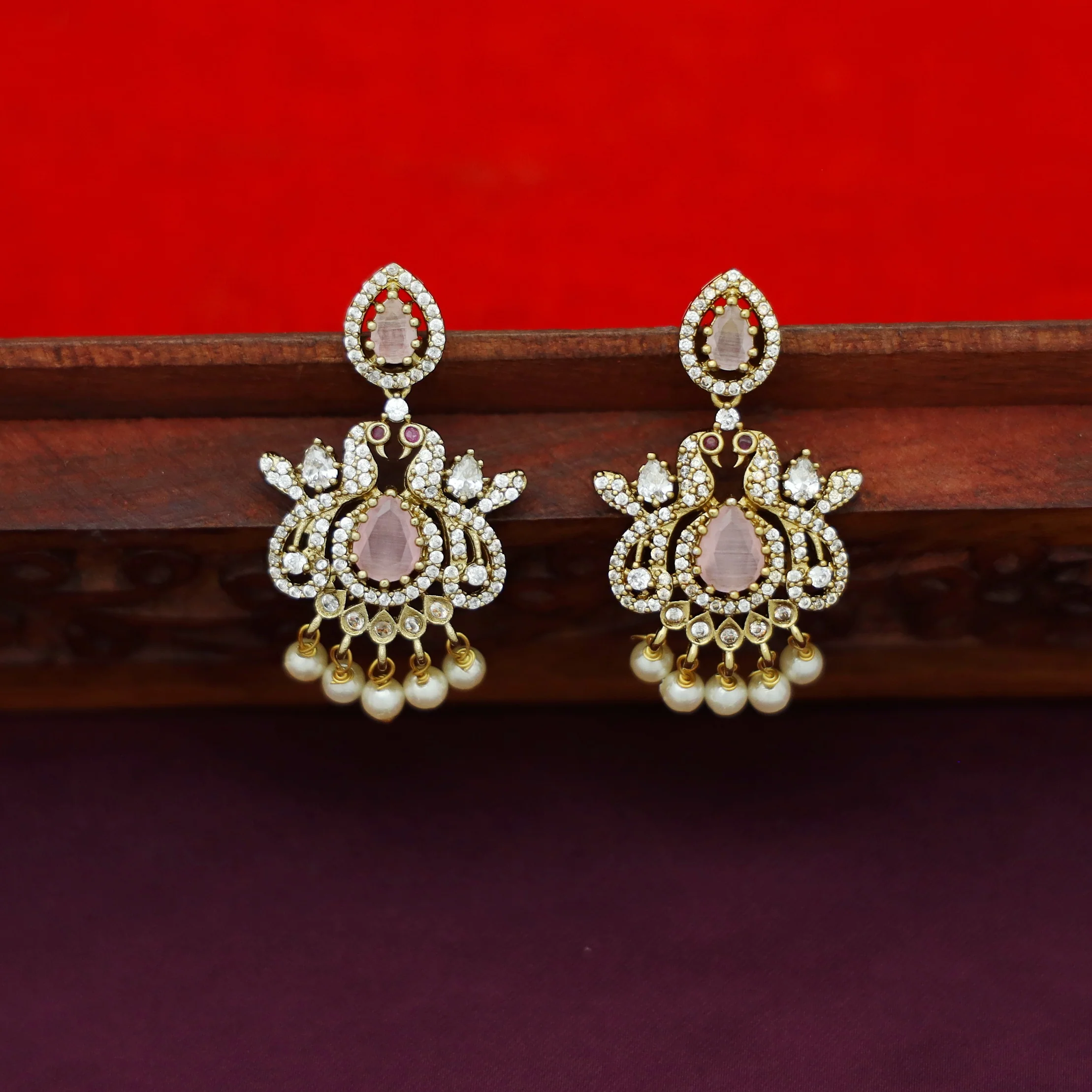 Dhara Mayura Stiff Pearl AD Stone Short Neckpiece With Earring - Image 9