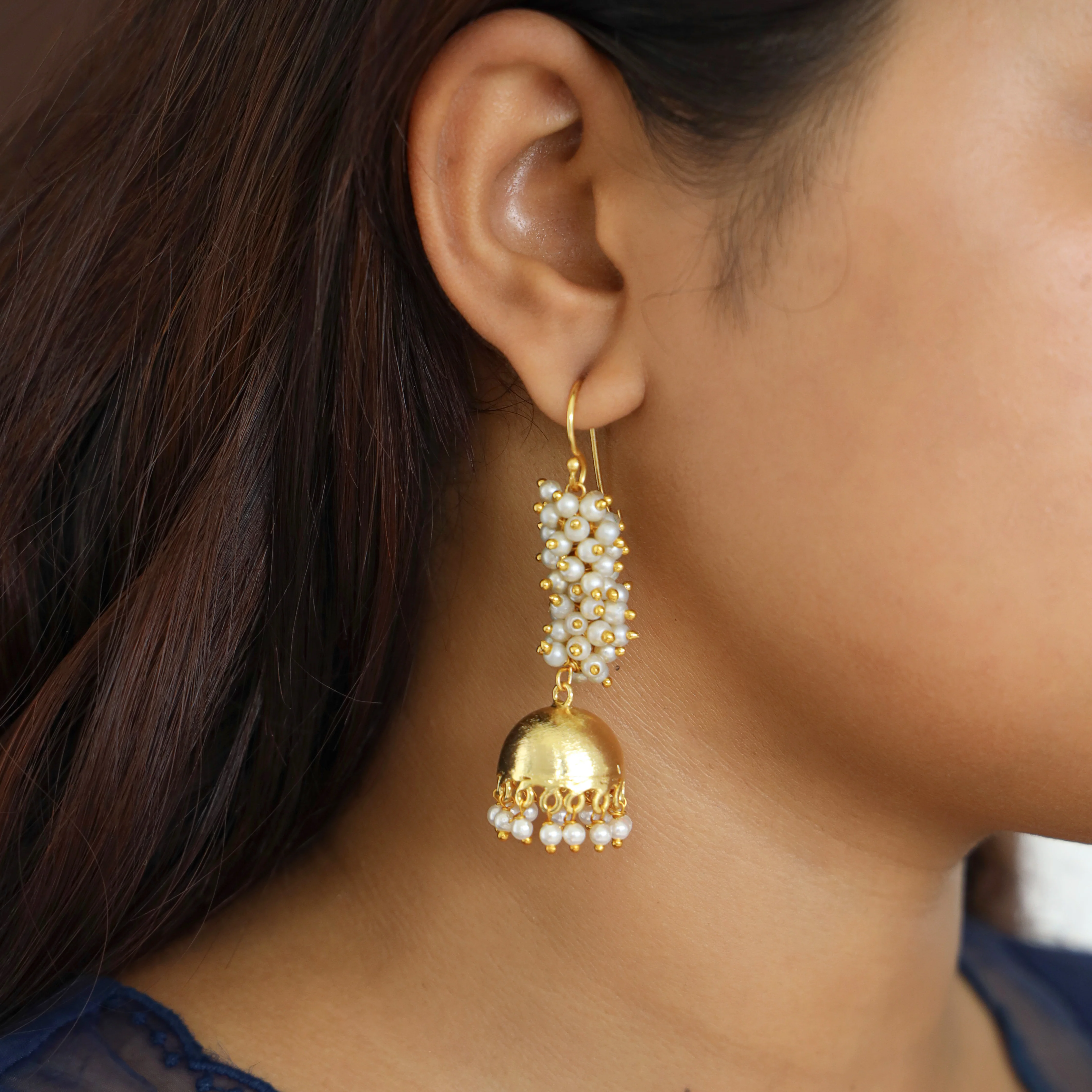 Medium Nashwa Cluster Pearl Jhumka Drop - Image 4