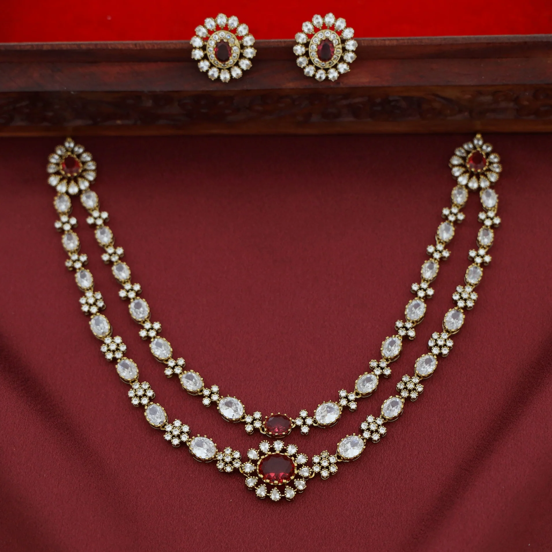 Megha AD Stone Floral 2 Layer Neckpiece With Earring - Image 2