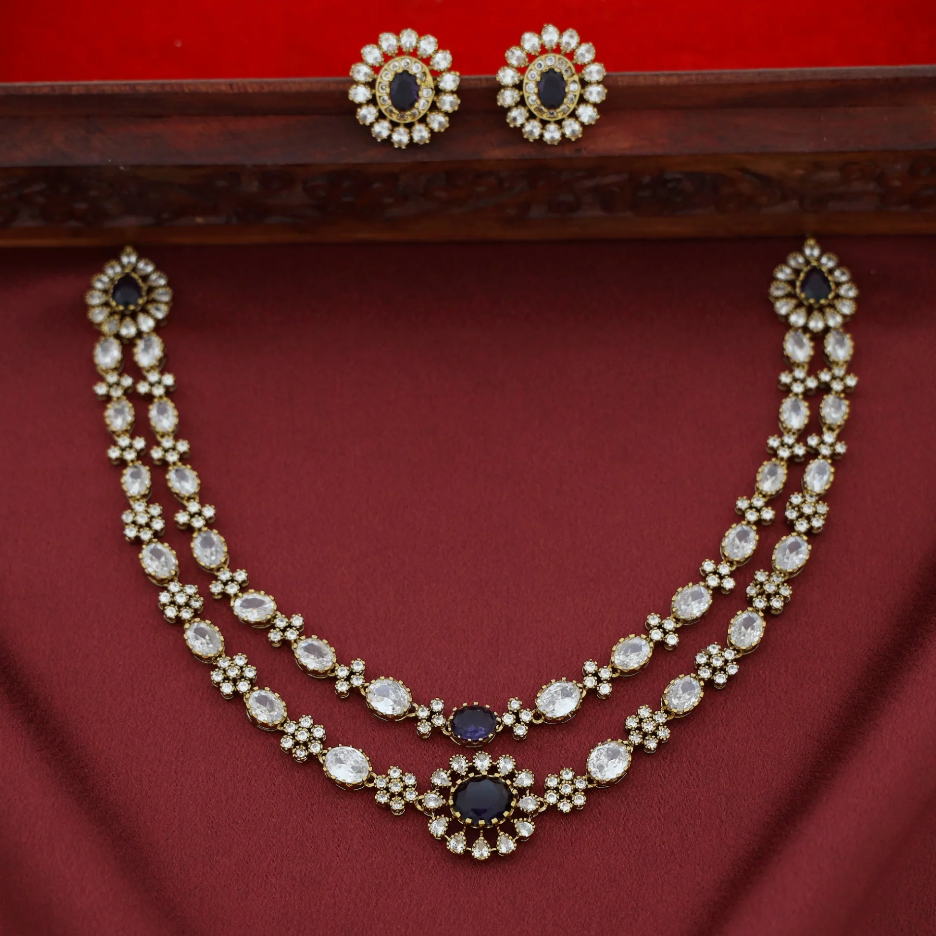 Megha AD Stone Floral 2 Layer Neckpiece With Earring - Image 3