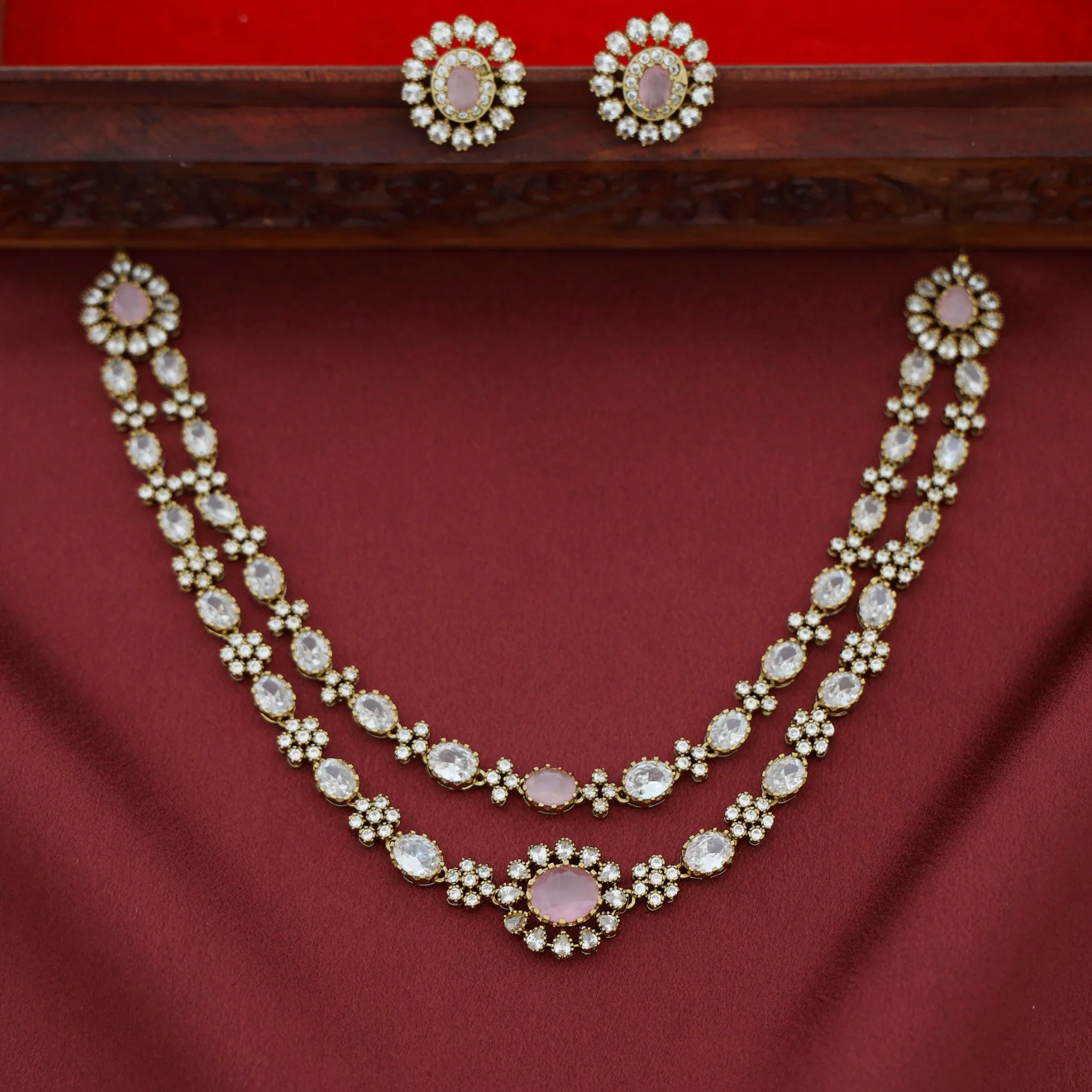 Megha AD Stone Floral 2 Layer Neckpiece With Earring - Image 4