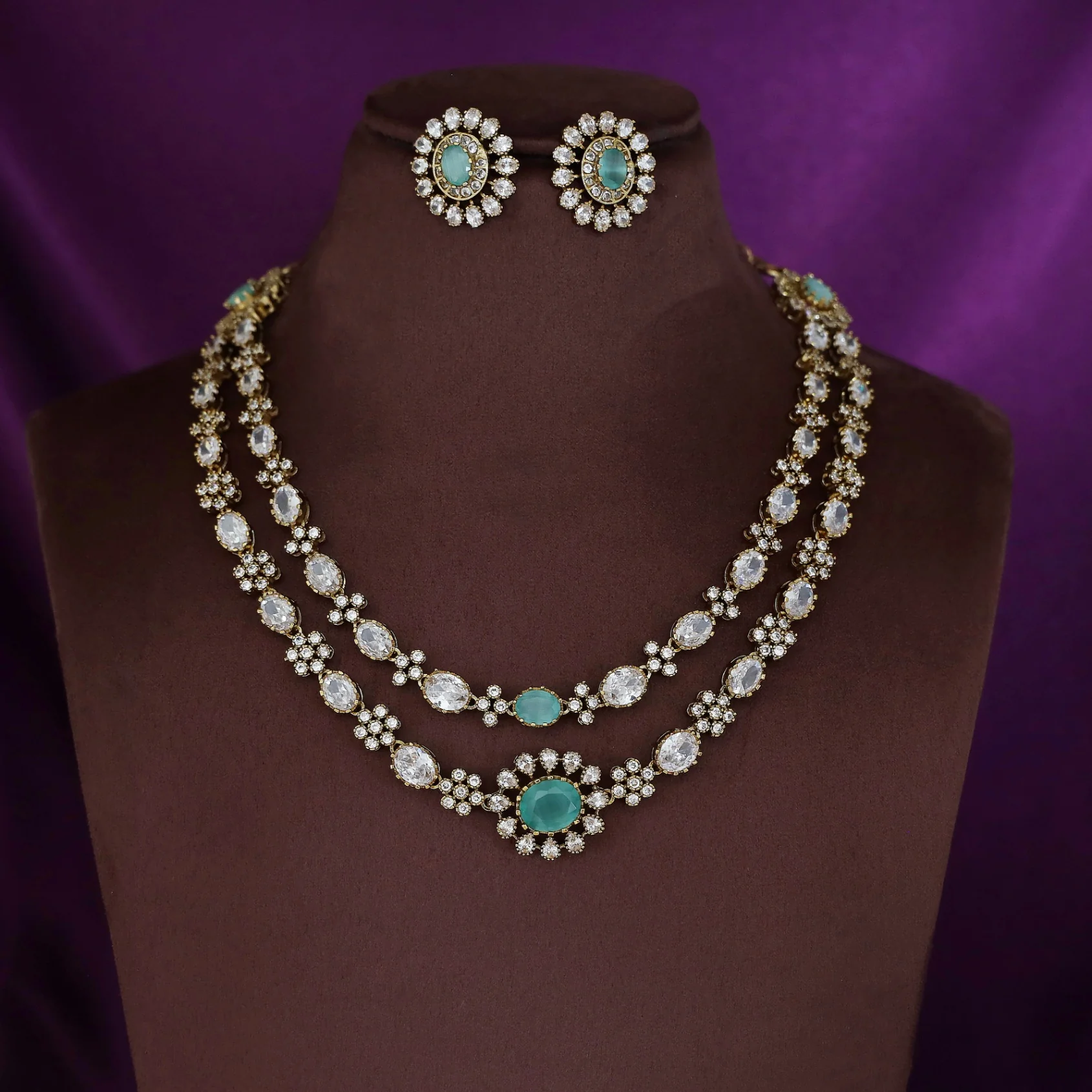 Megha AD Stone Floral 2 Layer Neckpiece With Earring - Image 5