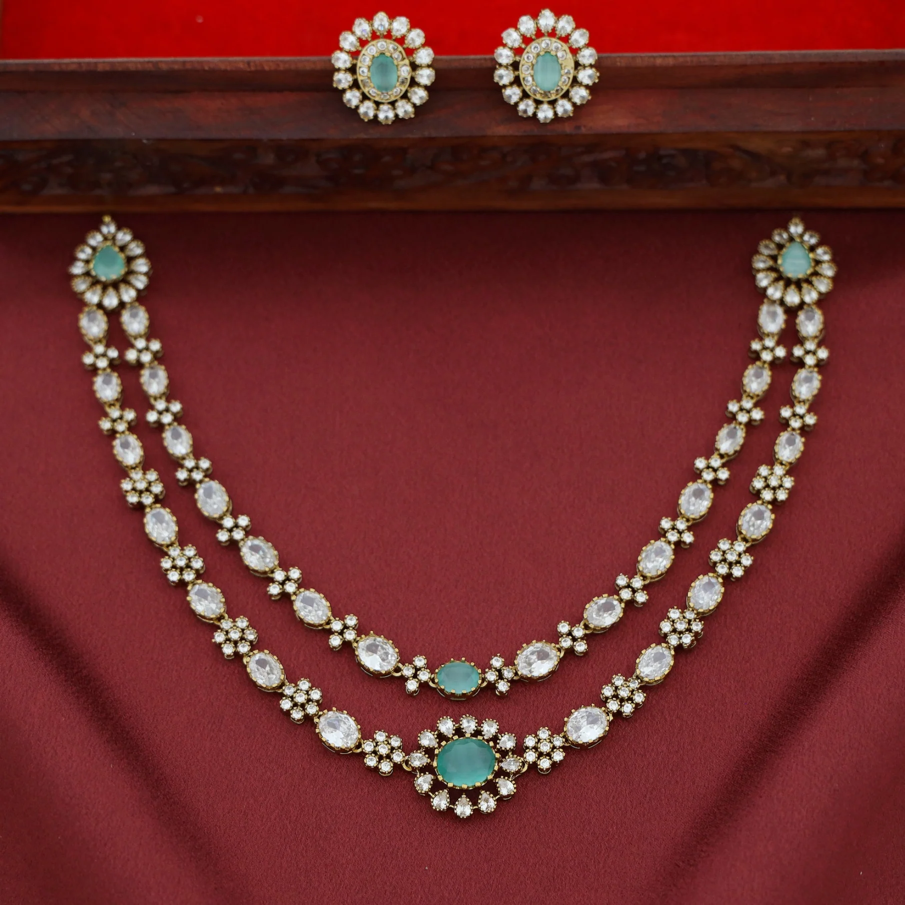 Megha AD Stone Floral 2 Layer Neckpiece With Earring - Image 6