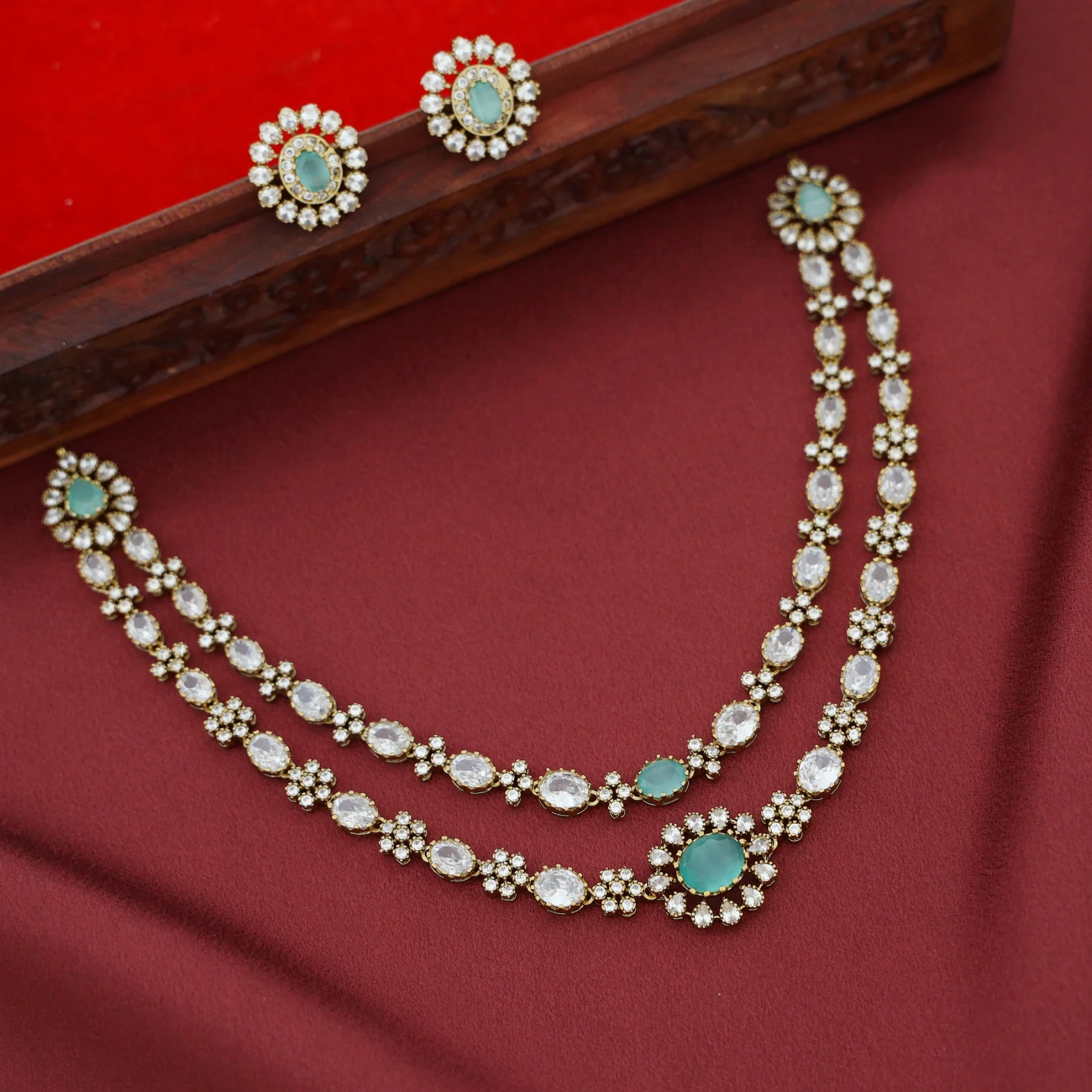 Megha AD Stone Floral 2 Layer Neckpiece With Earring - Image 7