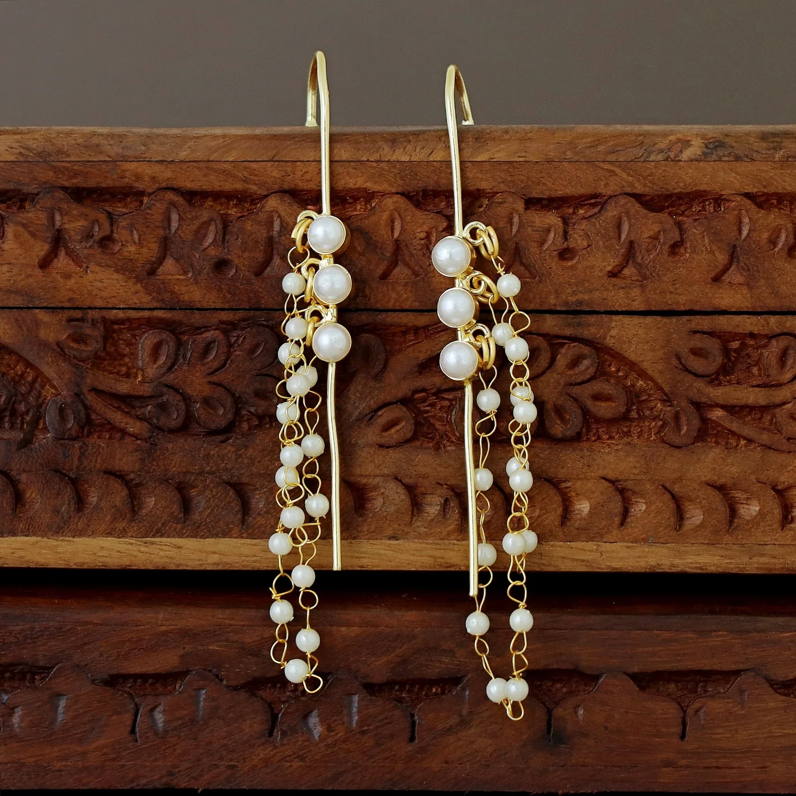 Mehul Golden Tri Pearl Chain Hanging Ear-Cuff (Set Of 2) - Image 3