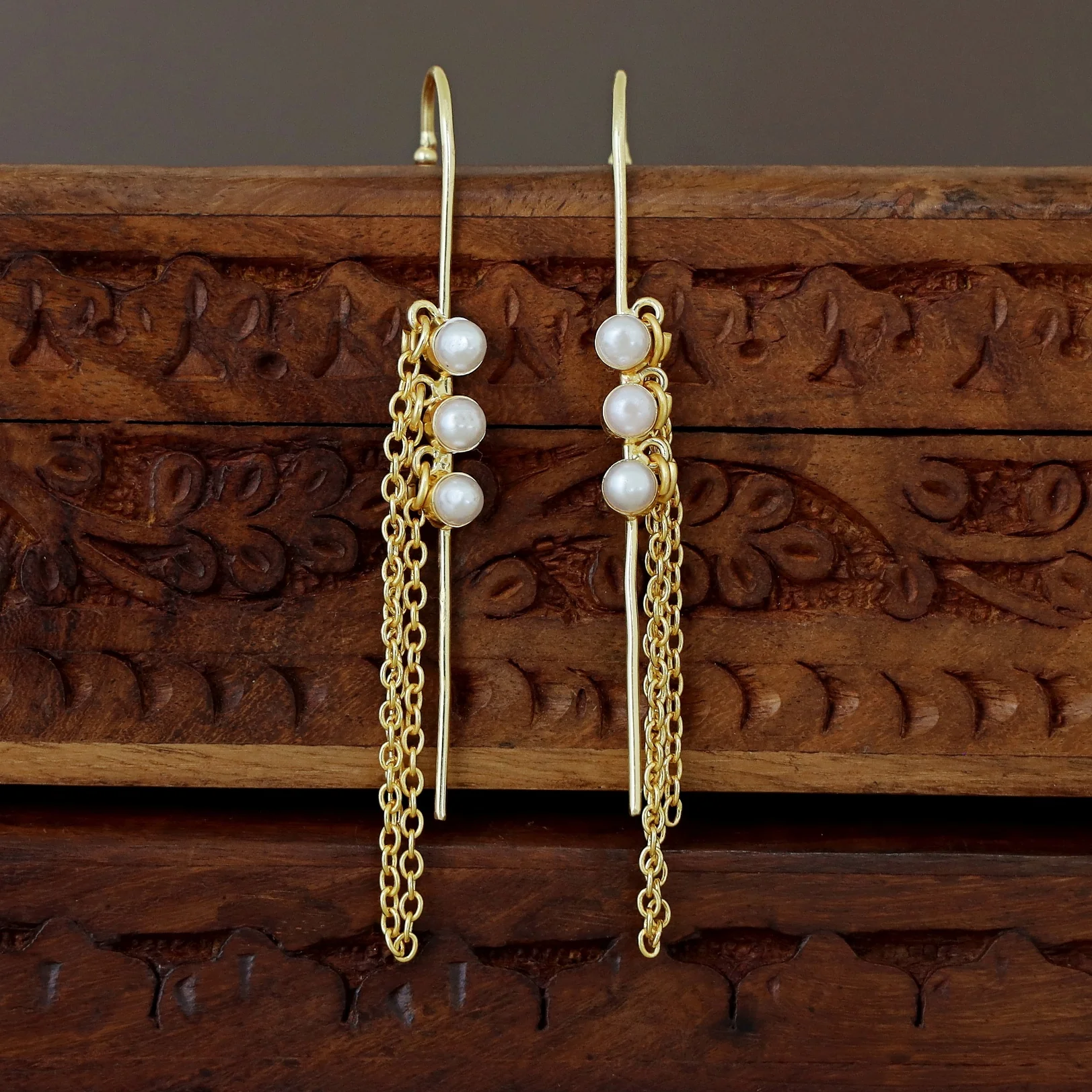 Mehul Golden Tri Pearl Chain Hanging Ear-Cuff (Set Of 2) - Image 4
