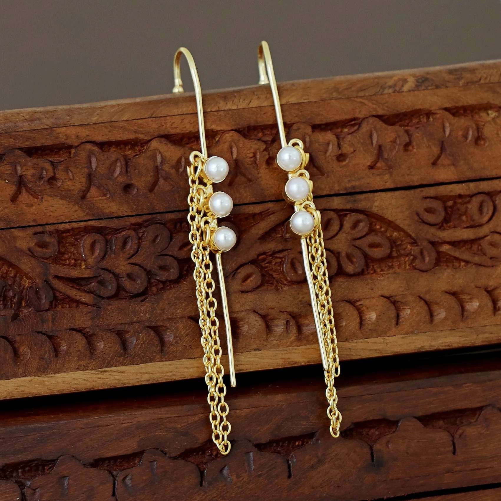 Mehul Golden Tri Pearl Chain Hanging Ear-Cuff (Set Of 2) - Image 5