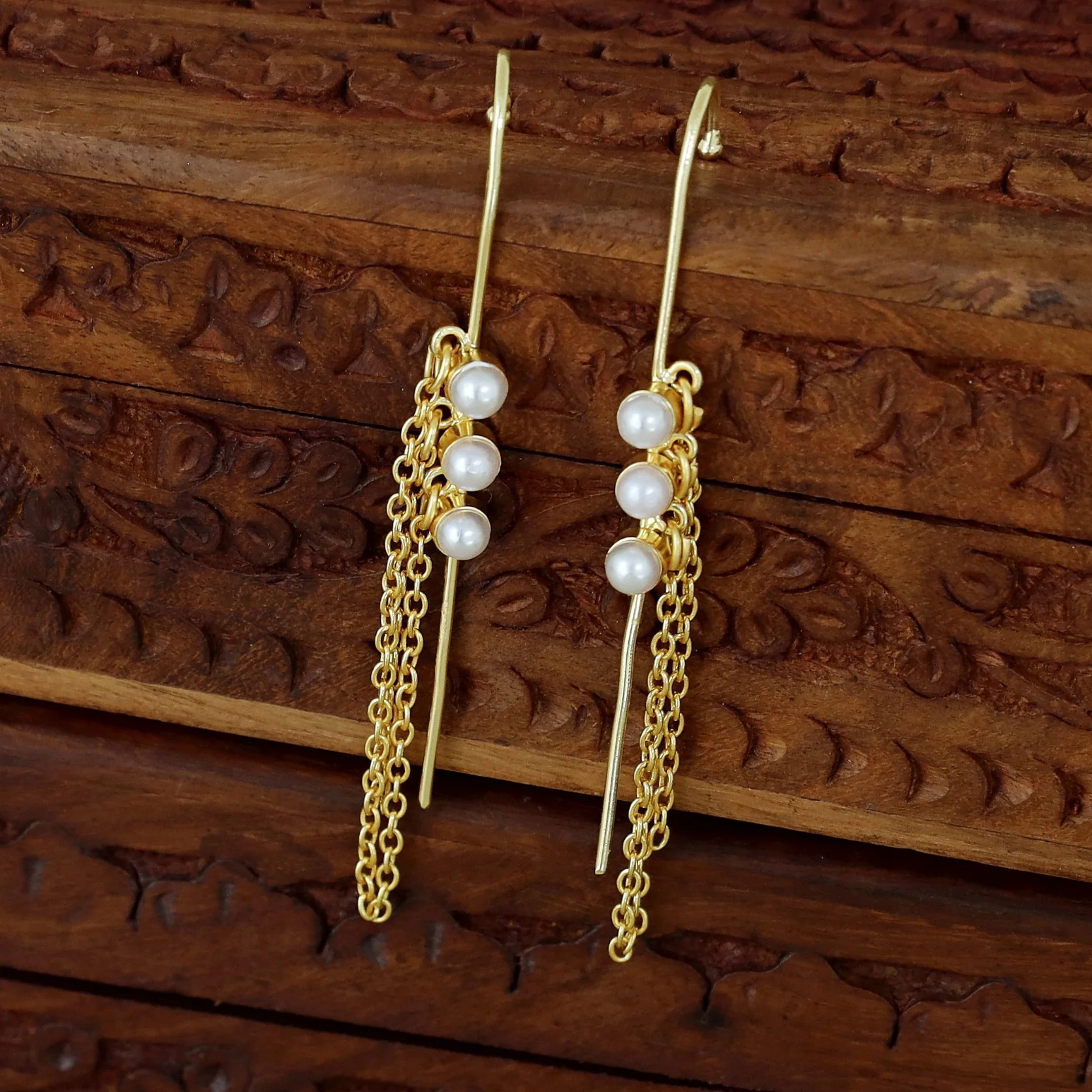 Mehul Golden Tri Pearl Chain Hanging Ear-Cuff (Set Of 2) - Image 6