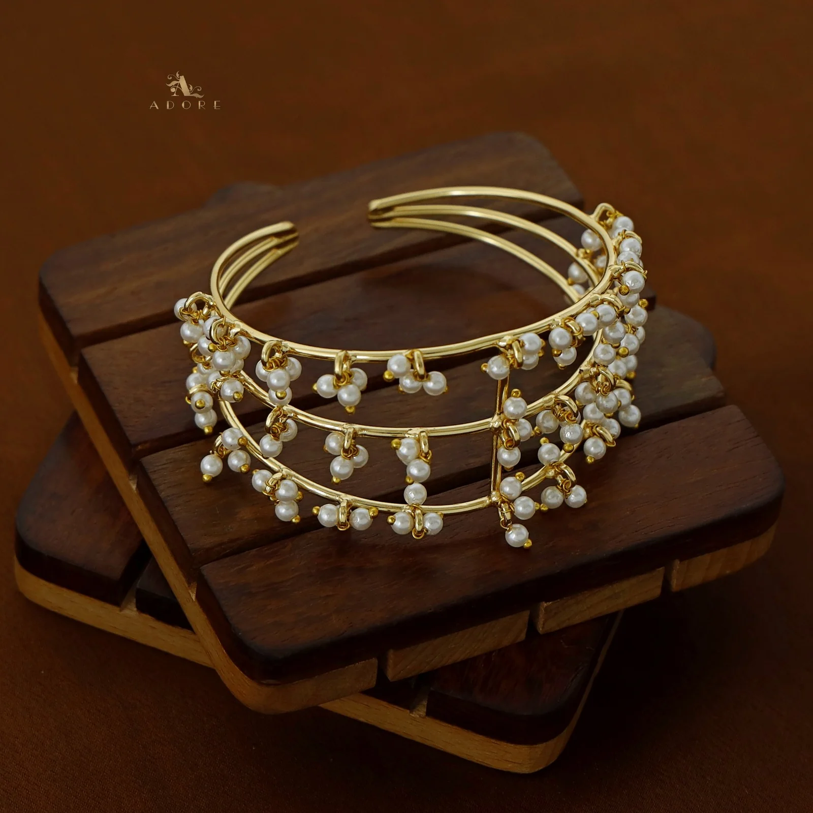 Lysander Three Layer Cluster Pearl Golden Bangle - Image 2