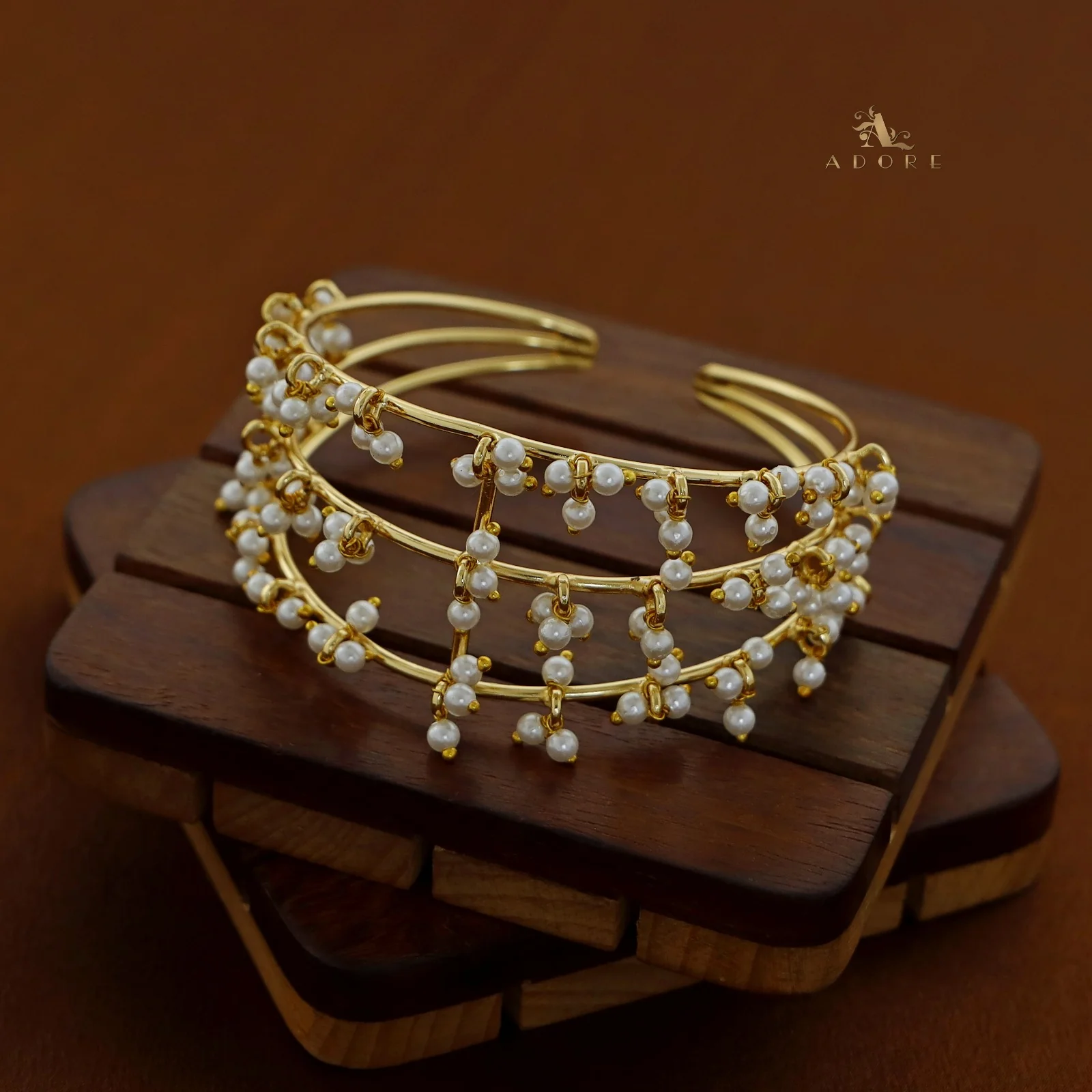 Lysander Three Layer Cluster Pearl Golden Bangle - Image 3