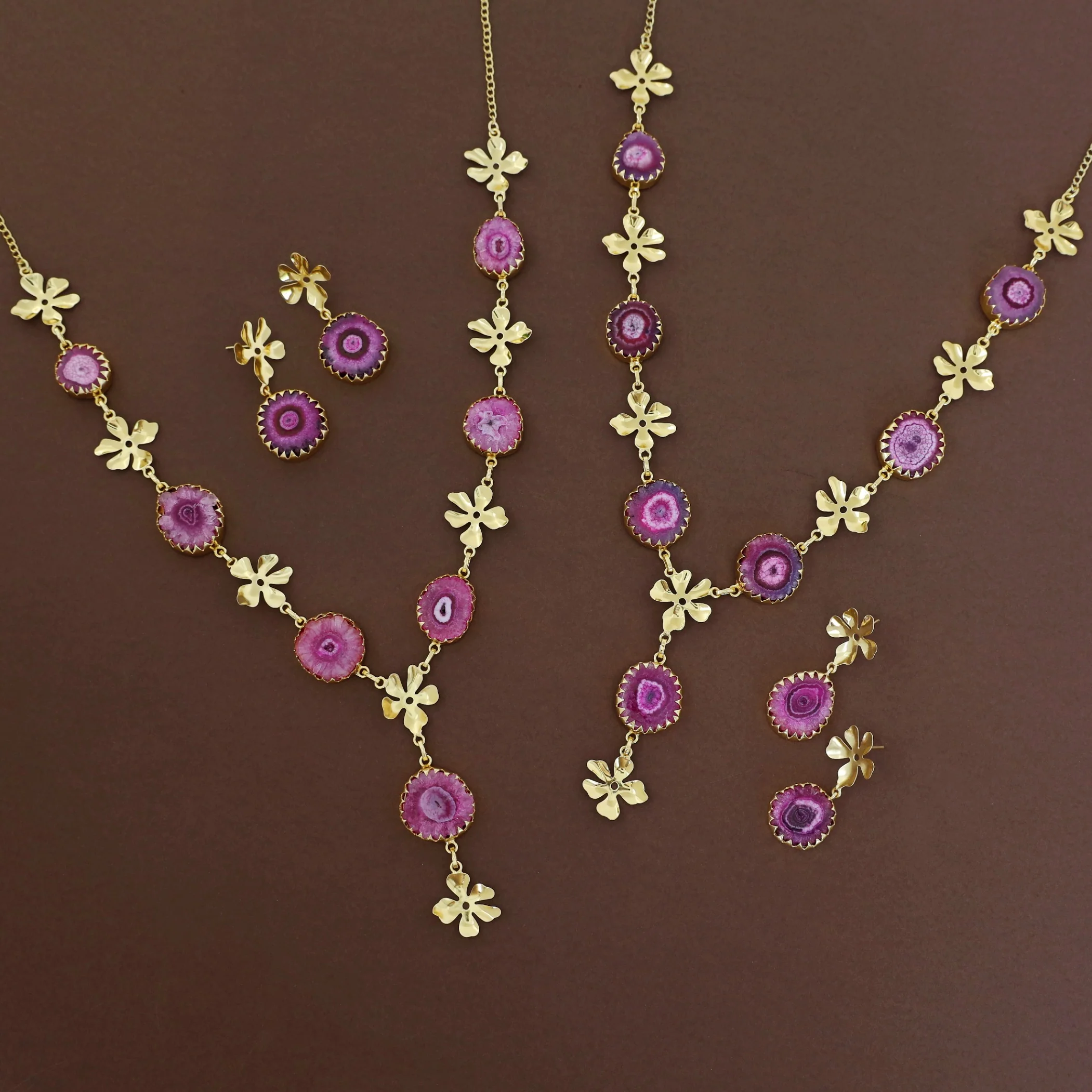 Meval Golden Floral Agate Neckpiece With Earring - Image 7