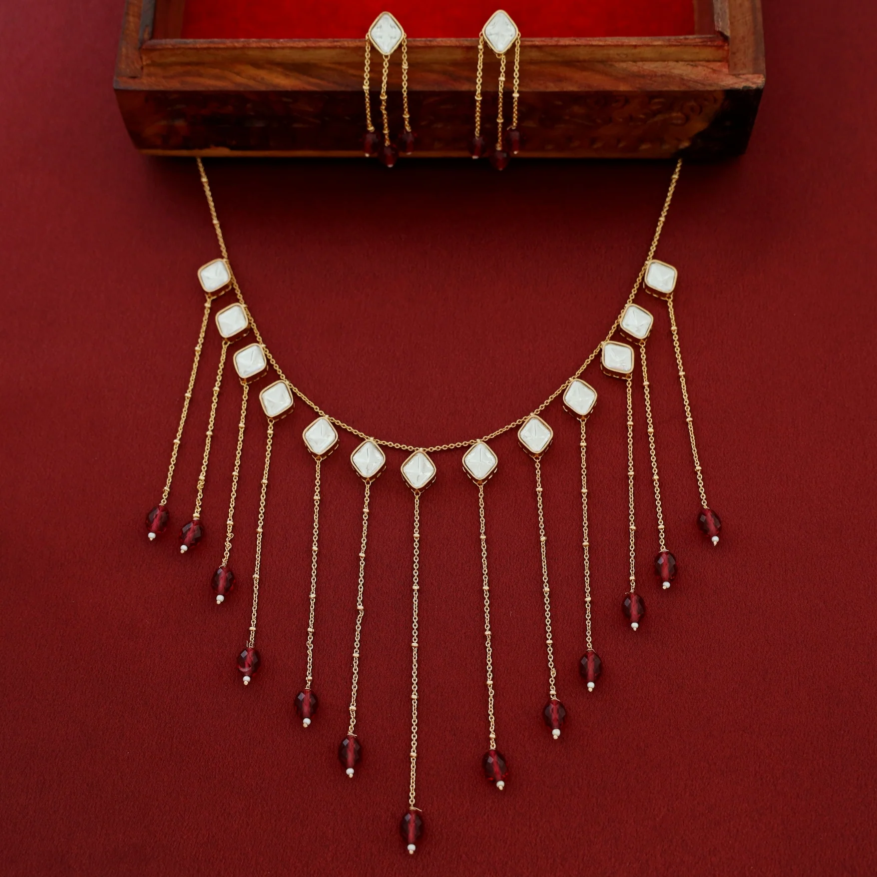 Micah Kundan Hanging Chain Beaded Neckpiece With Earring - Image 2