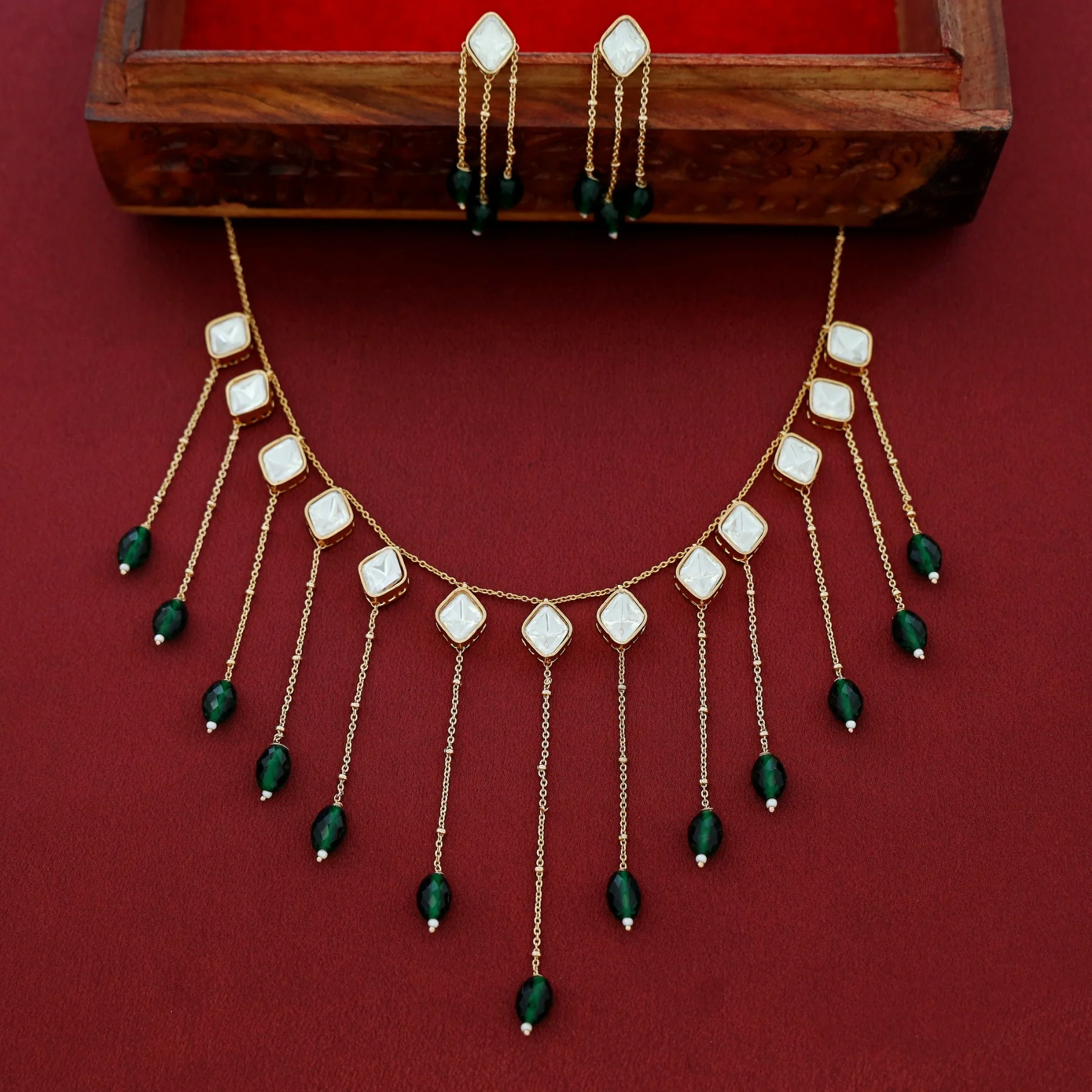 Micah Kundan Hanging Chain Beaded Neckpiece With Earring - Image 3