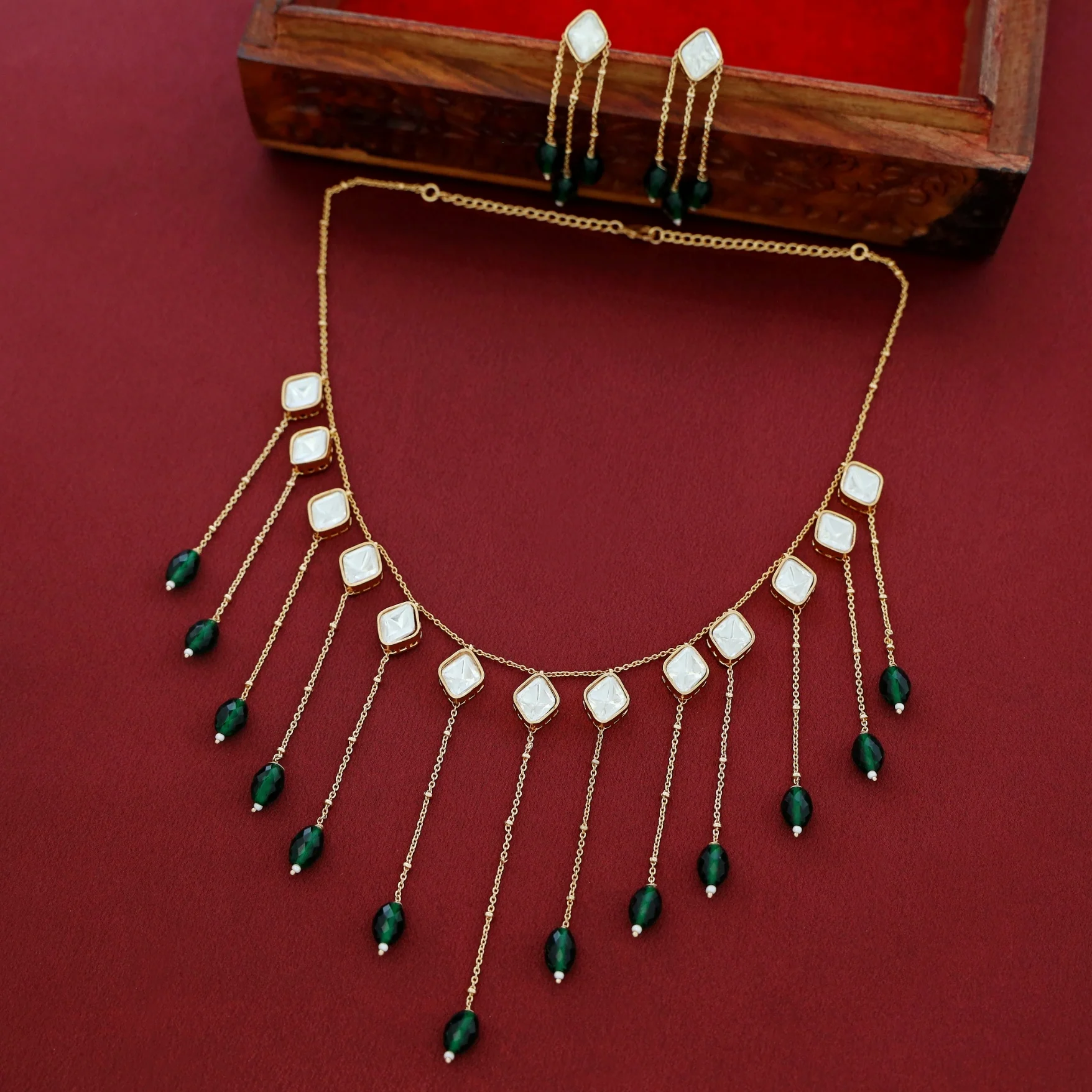 Micah Kundan Hanging Chain Beaded Neckpiece With Earring - Image 5
