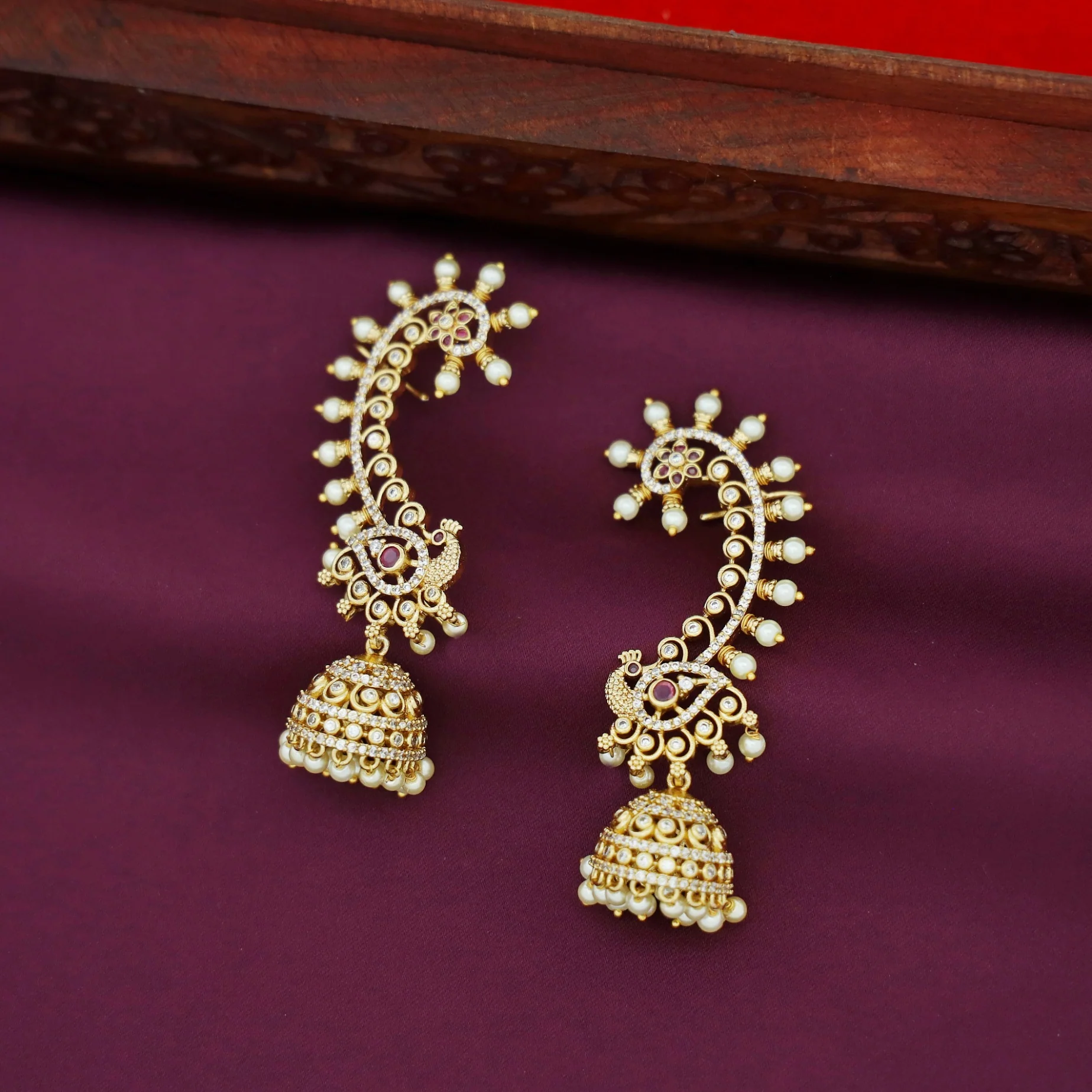 Minasha AD Stone Mayura Floral Pearl Ear-Cuff With Jhumka - Image 2