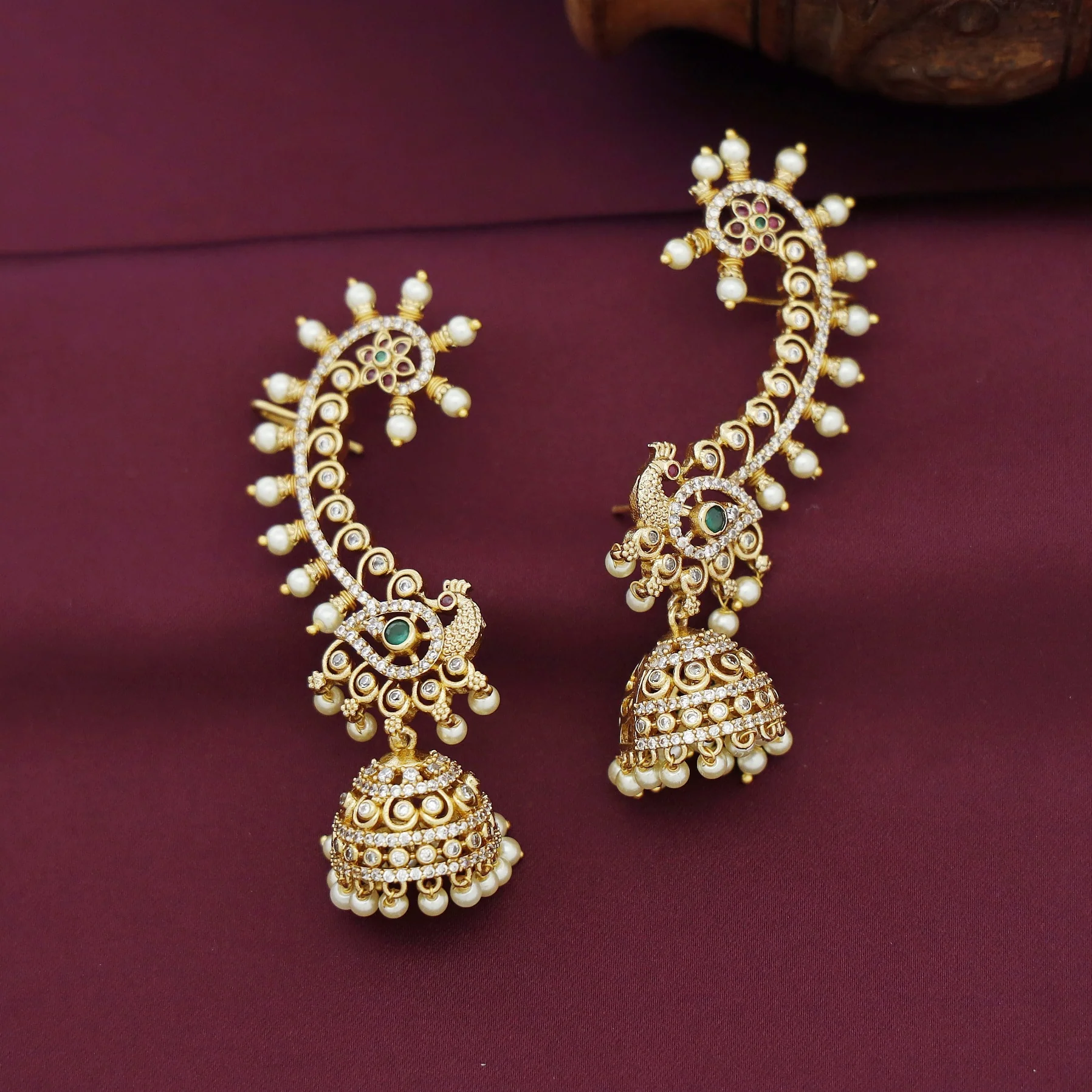 Minasha AD Stone Mayura Floral Pearl Ear-Cuff With Jhumka - Image 3