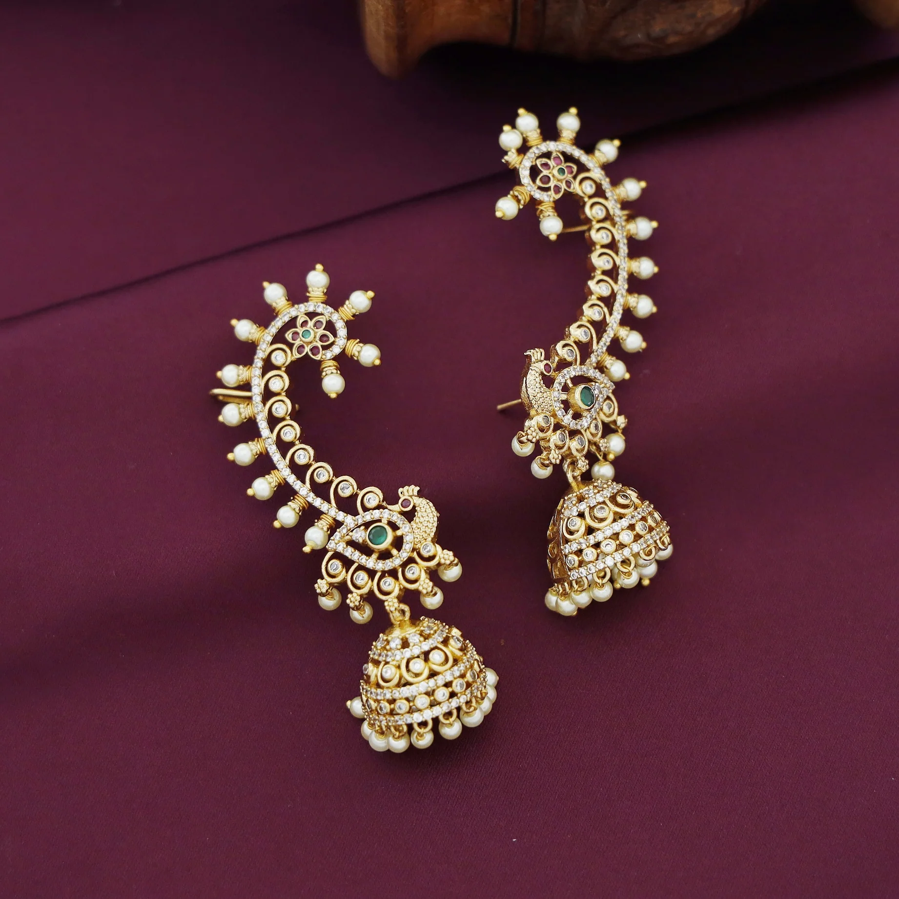 Minasha AD Stone Mayura Floral Pearl Ear-Cuff With Jhumka - Image 4