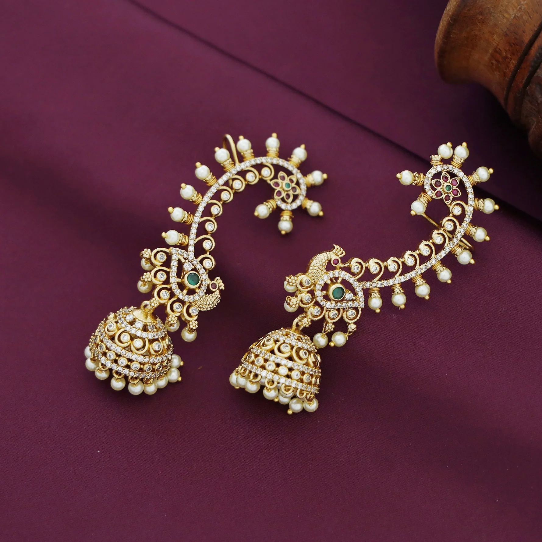 Minasha AD Stone Mayura Floral Pearl Ear-Cuff With Jhumka - Image 5