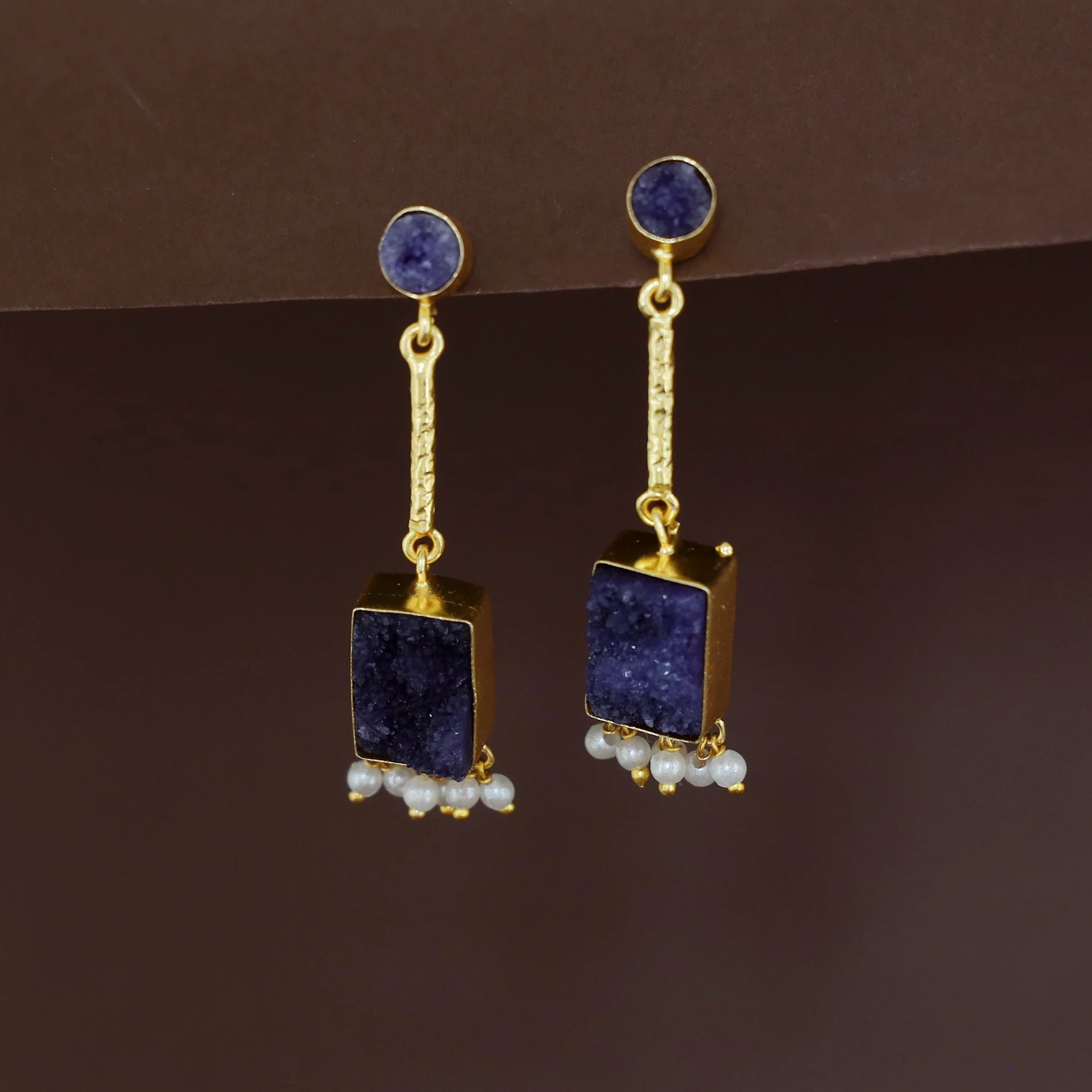 Mira Mini Circle Pendulum Rectangle Druzy Pearl Earring - Image 3