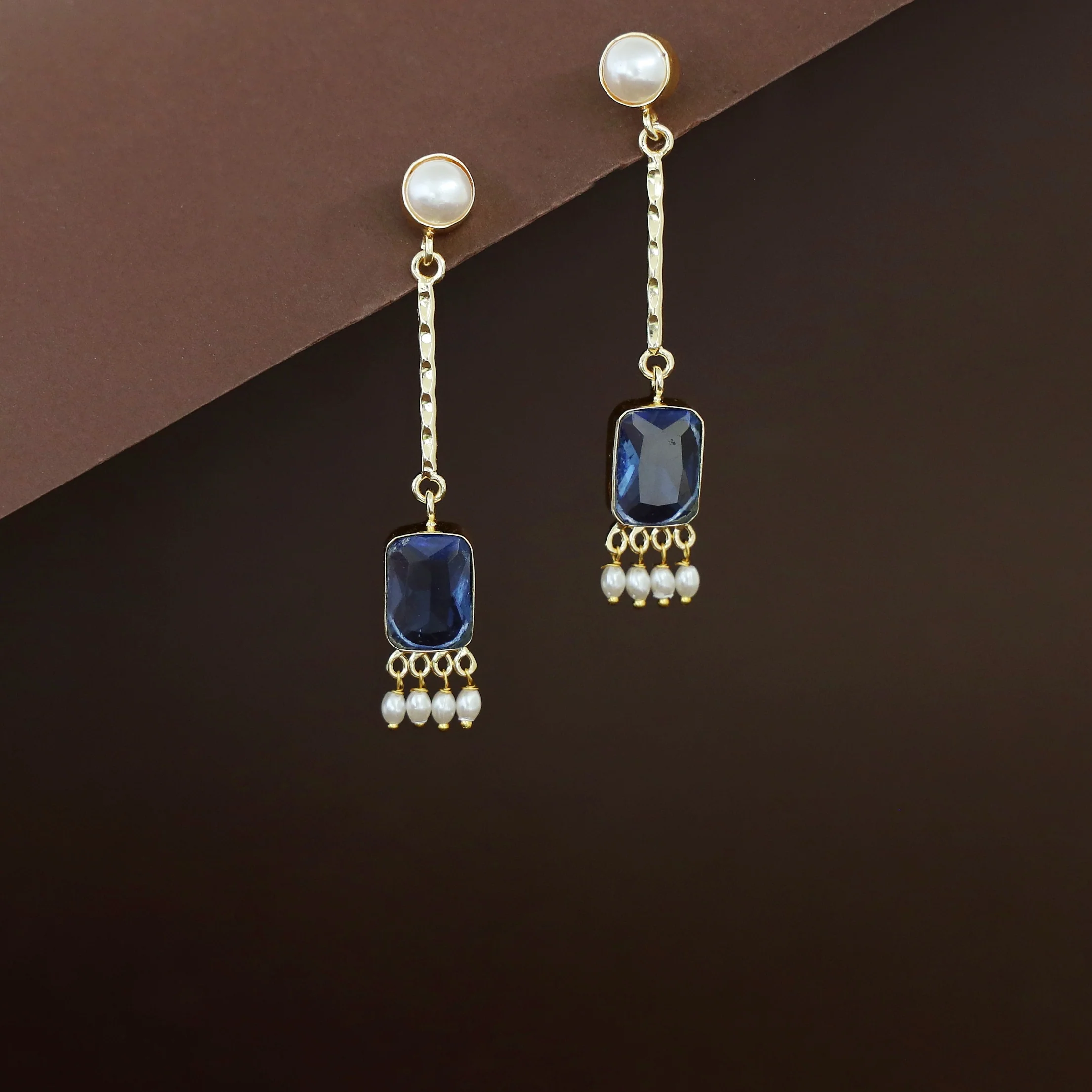 Mira Pendulum Pearl Rectangle Glossy Stone Earring - Image 10