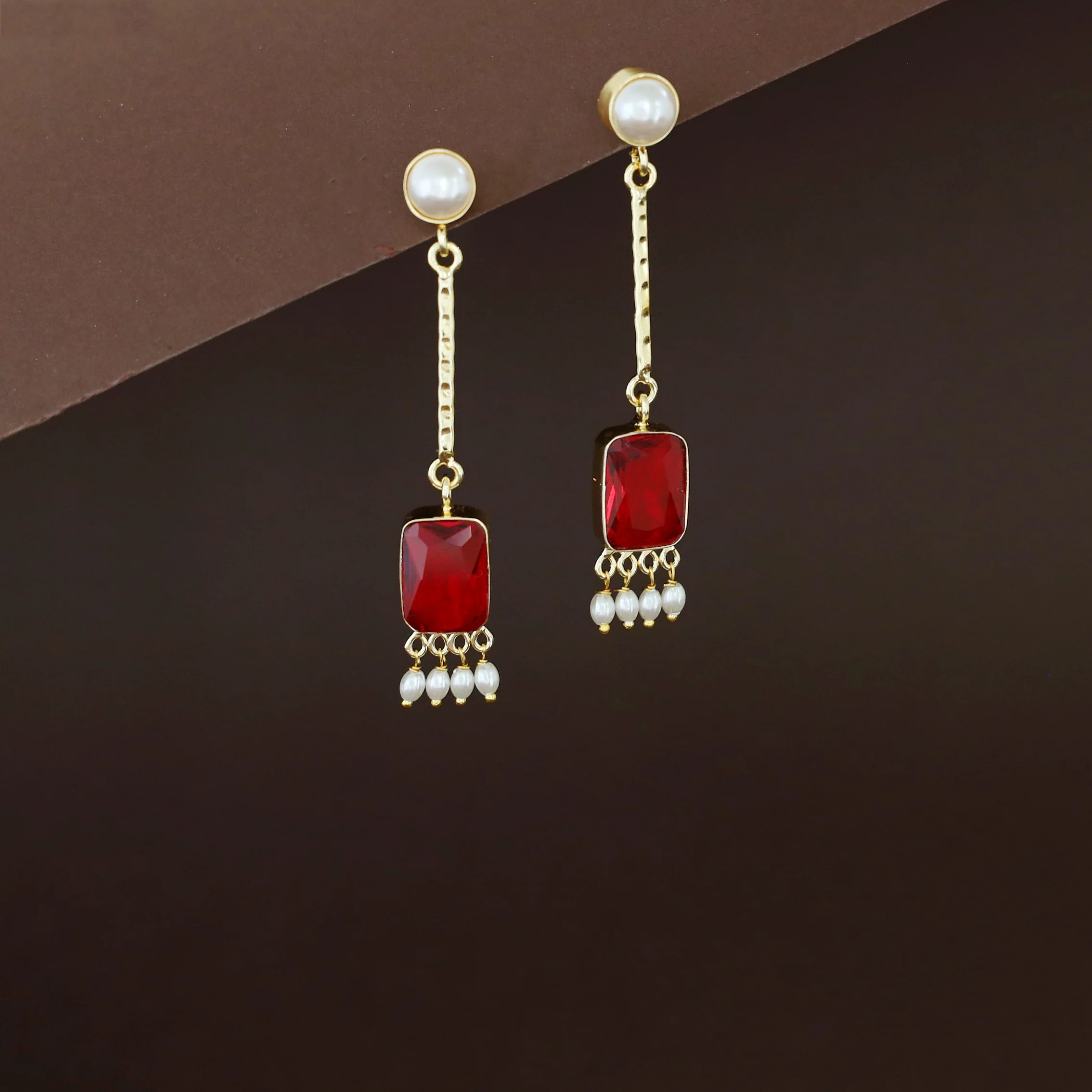 Mira Pendulum Pearl Rectangle Glossy Stone Earring - Image 2