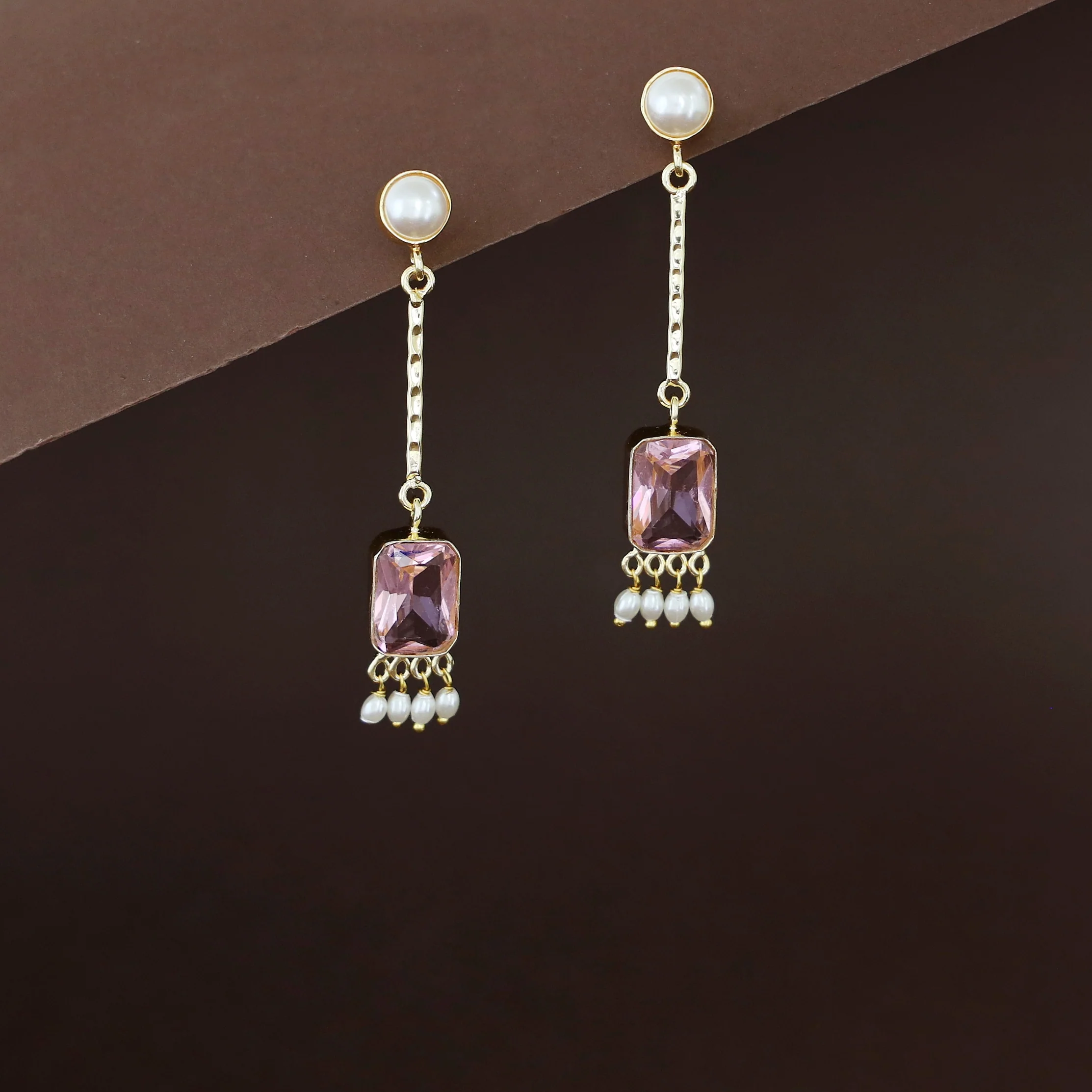 Mira Pendulum Pearl Rectangle Glossy Stone Earring - Image 3