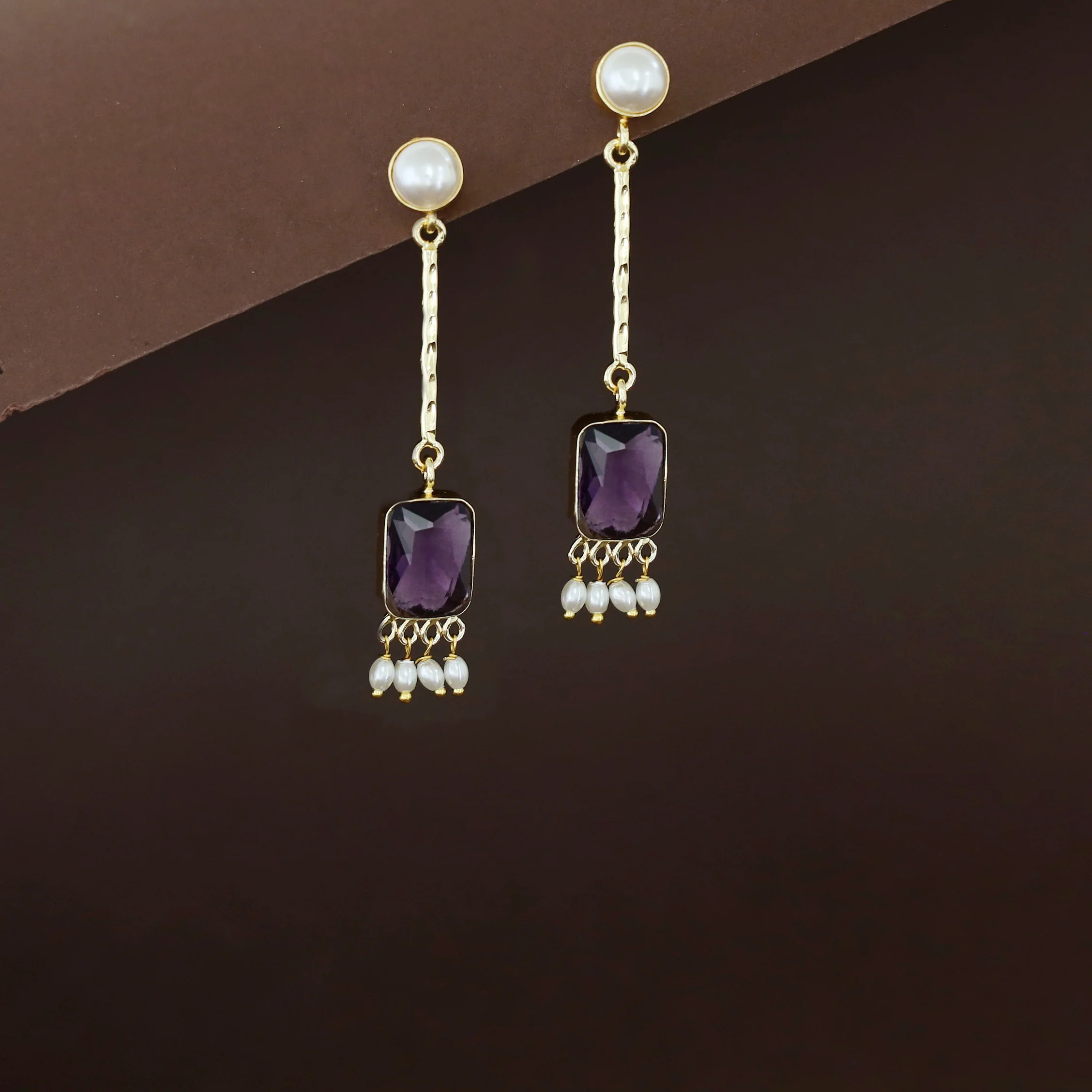 Mira Pendulum Pearl Rectangle Glossy Stone Earring - Image 4