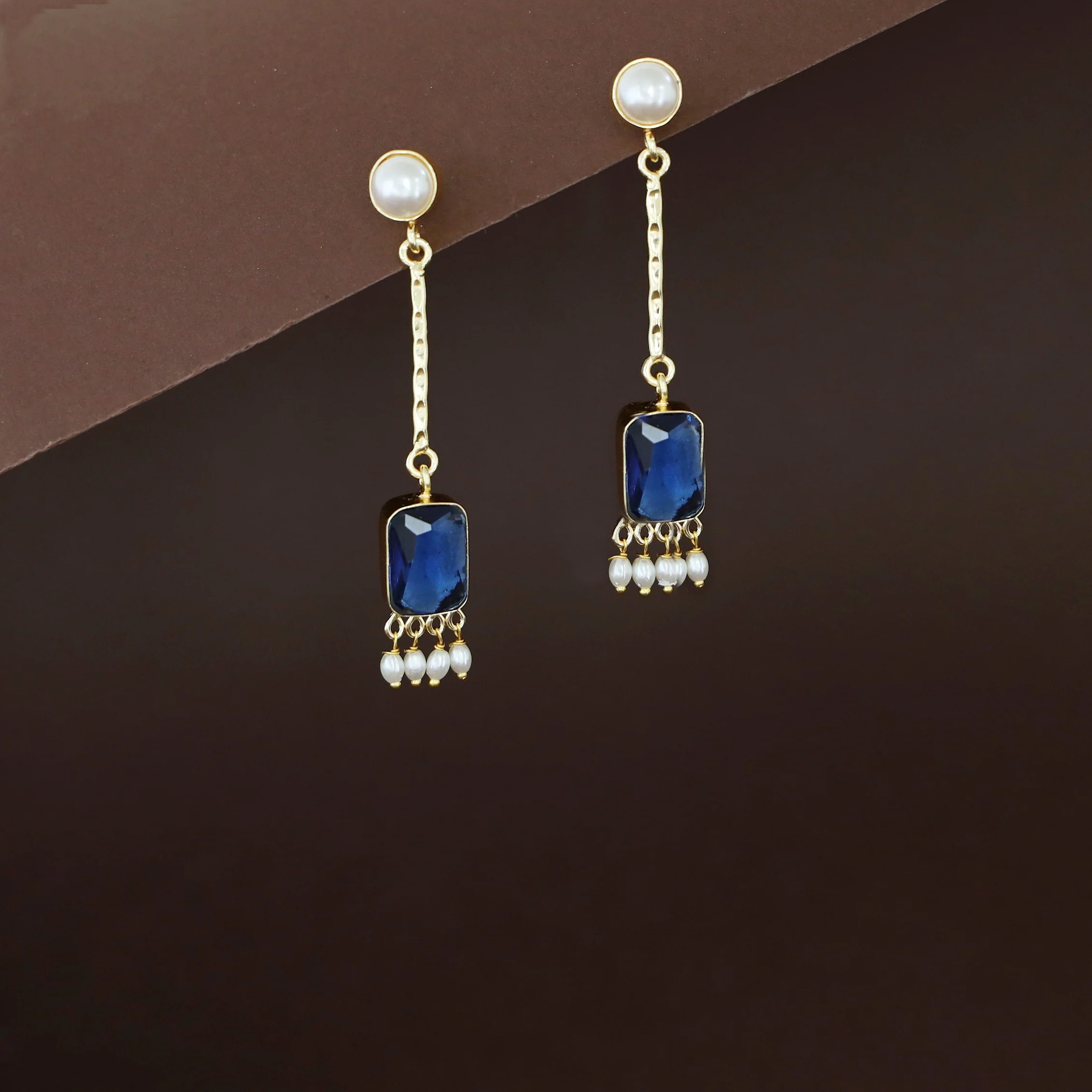 Mira Pendulum Pearl Rectangle Glossy Stone Earring - Image 5