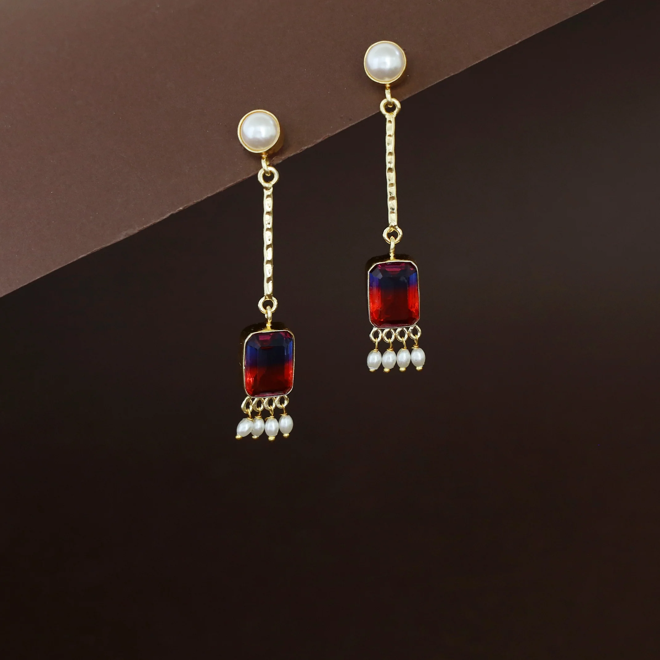 Mira Pendulum Pearl Rectangle Glossy Stone Earring - Image 6