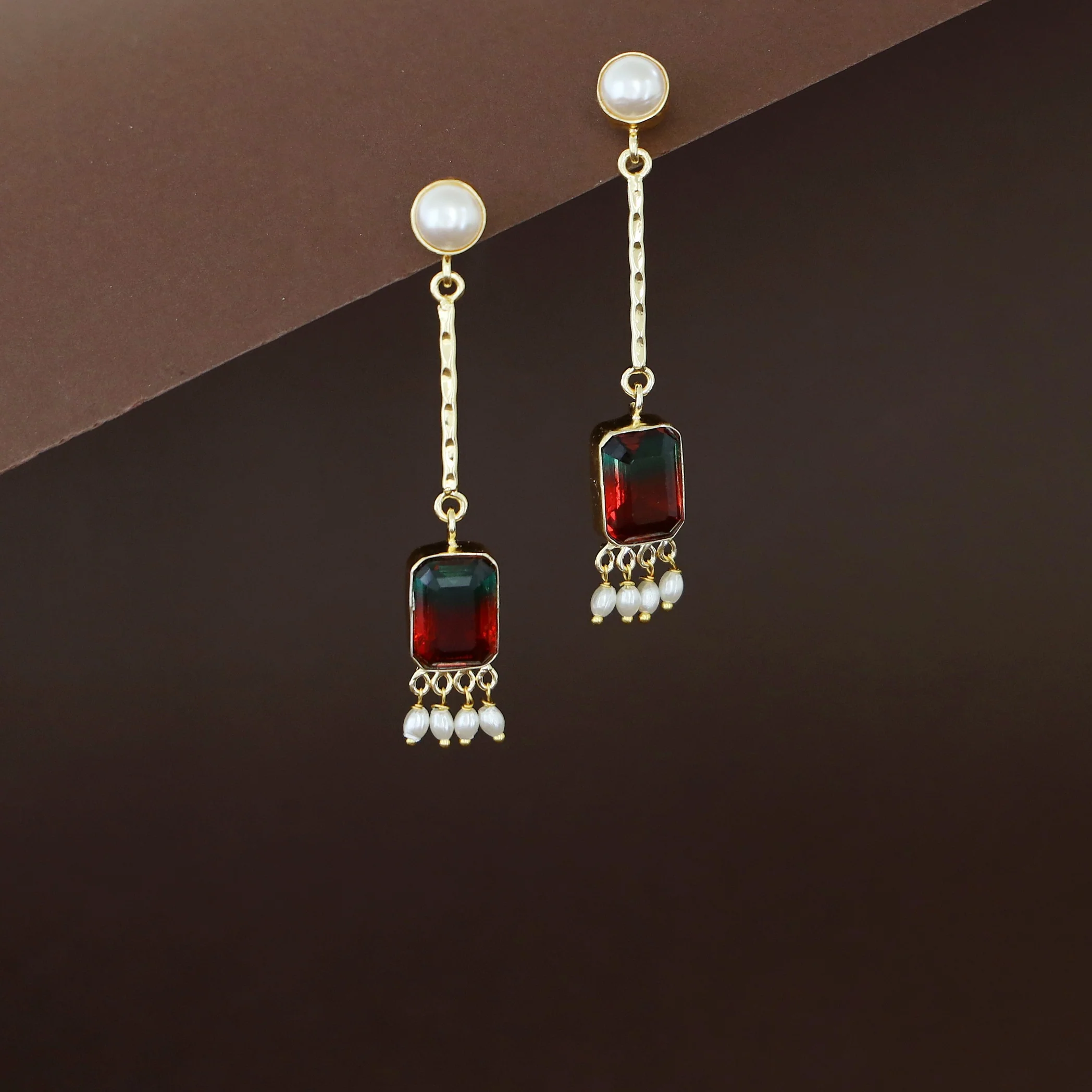 Mira Pendulum Pearl Rectangle Glossy Stone Earring - Image 7