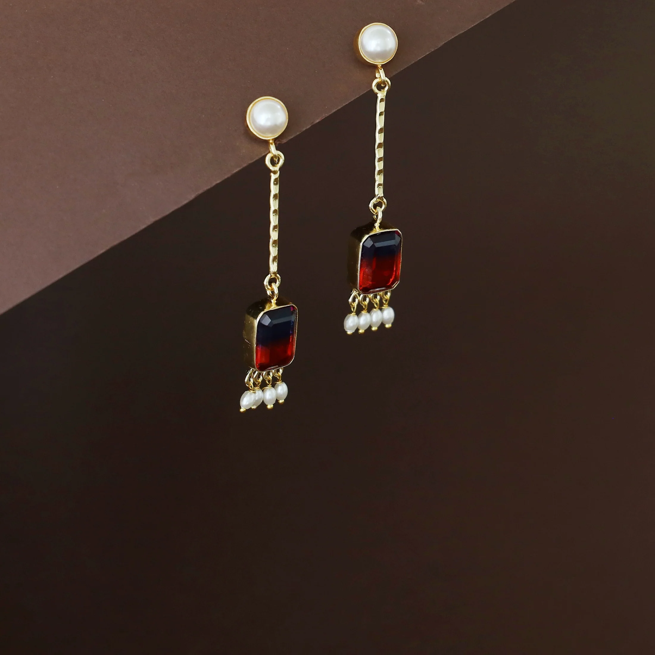 Mira Pendulum Pearl Rectangle Glossy Stone Earring - Image 8