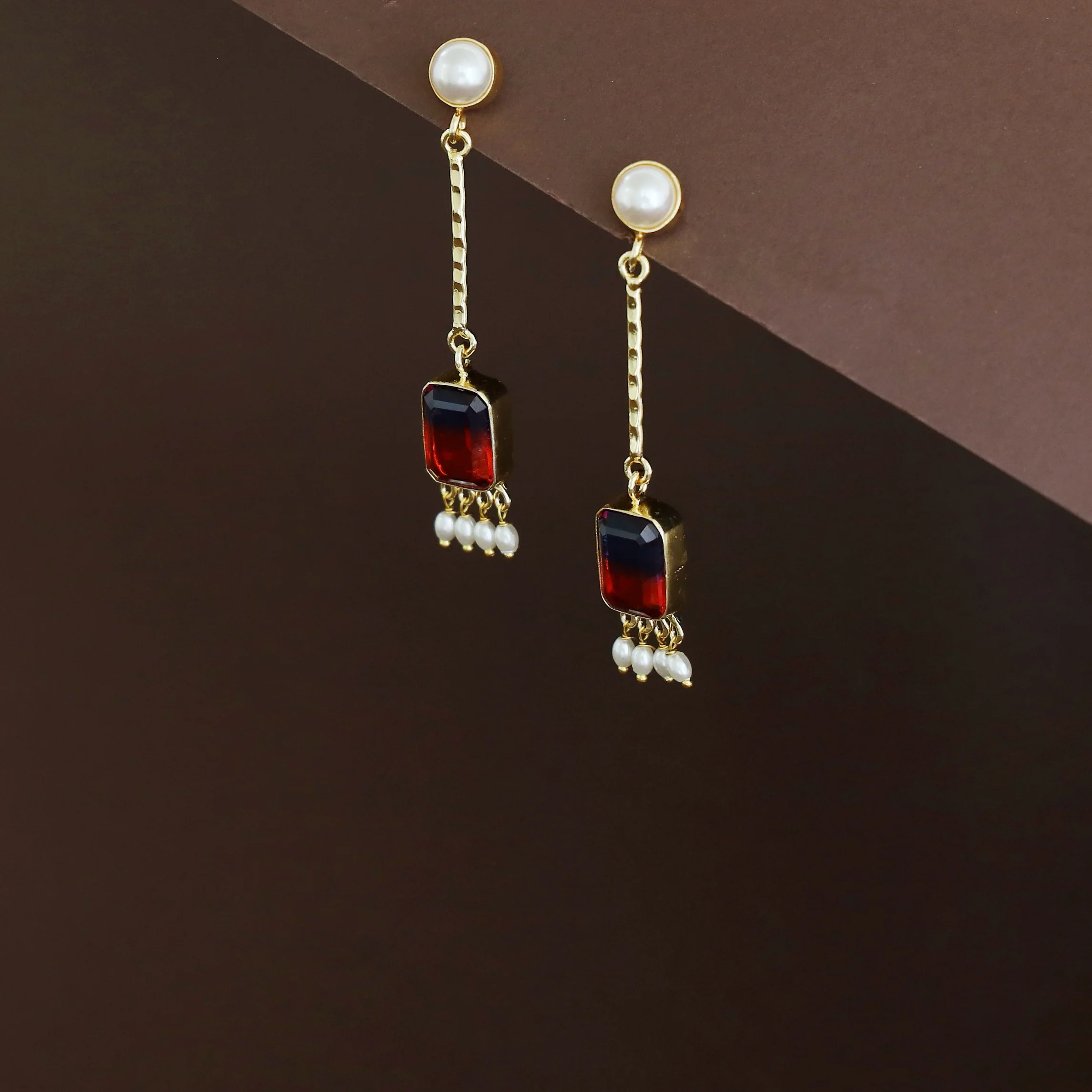 Mira Pendulum Pearl Rectangle Glossy Stone Earring - Image 9
