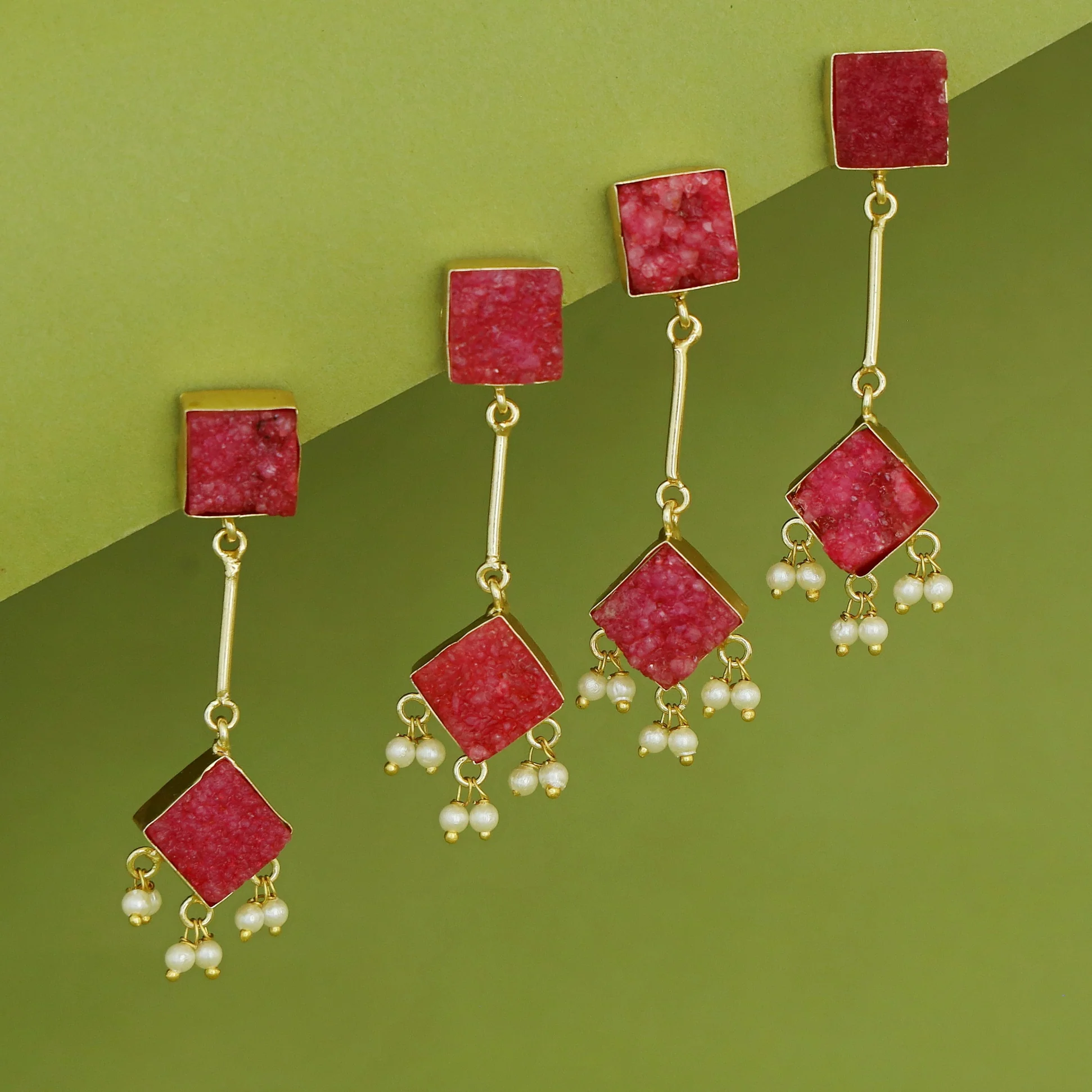 Mira Pendulum Square & Diamond Druzy Pearl Earring - Image 10