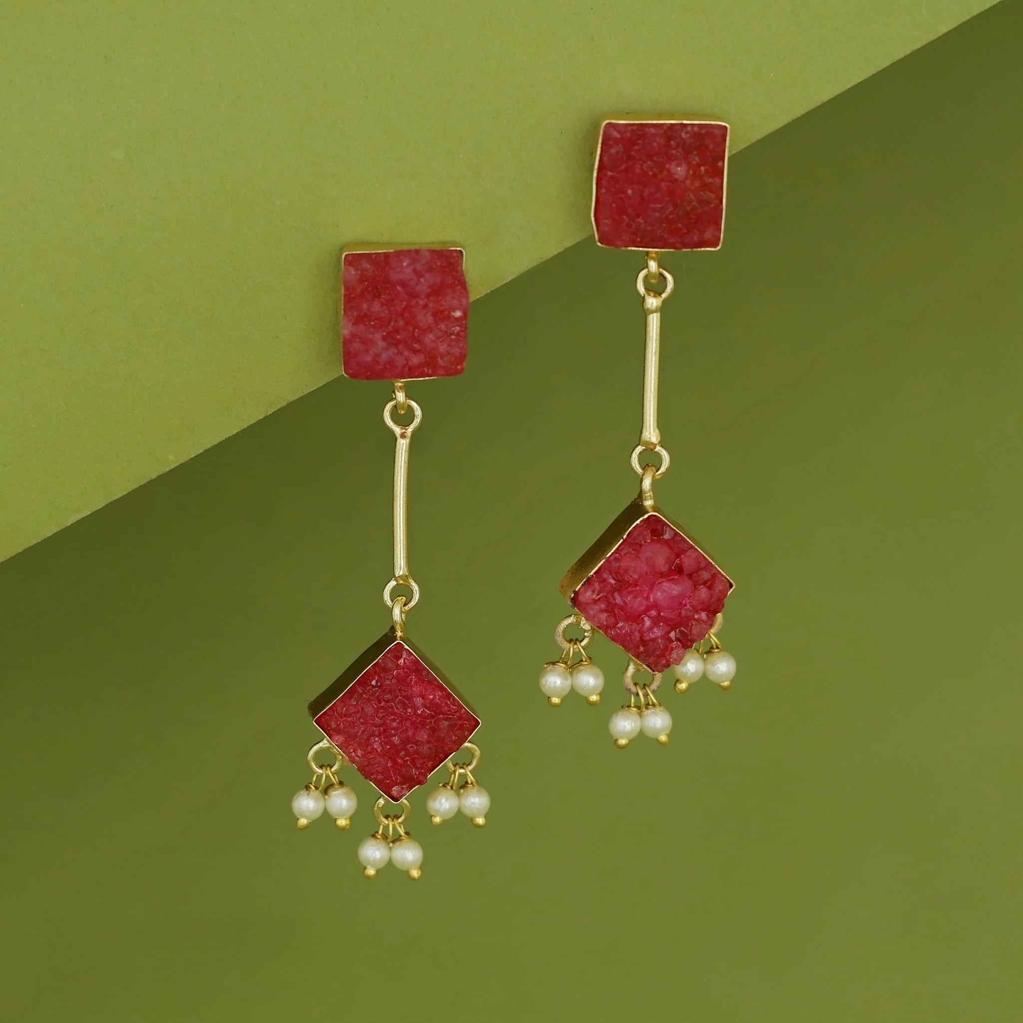 Mira Pendulum Square & Diamond Druzy Pearl Earring - Image 11