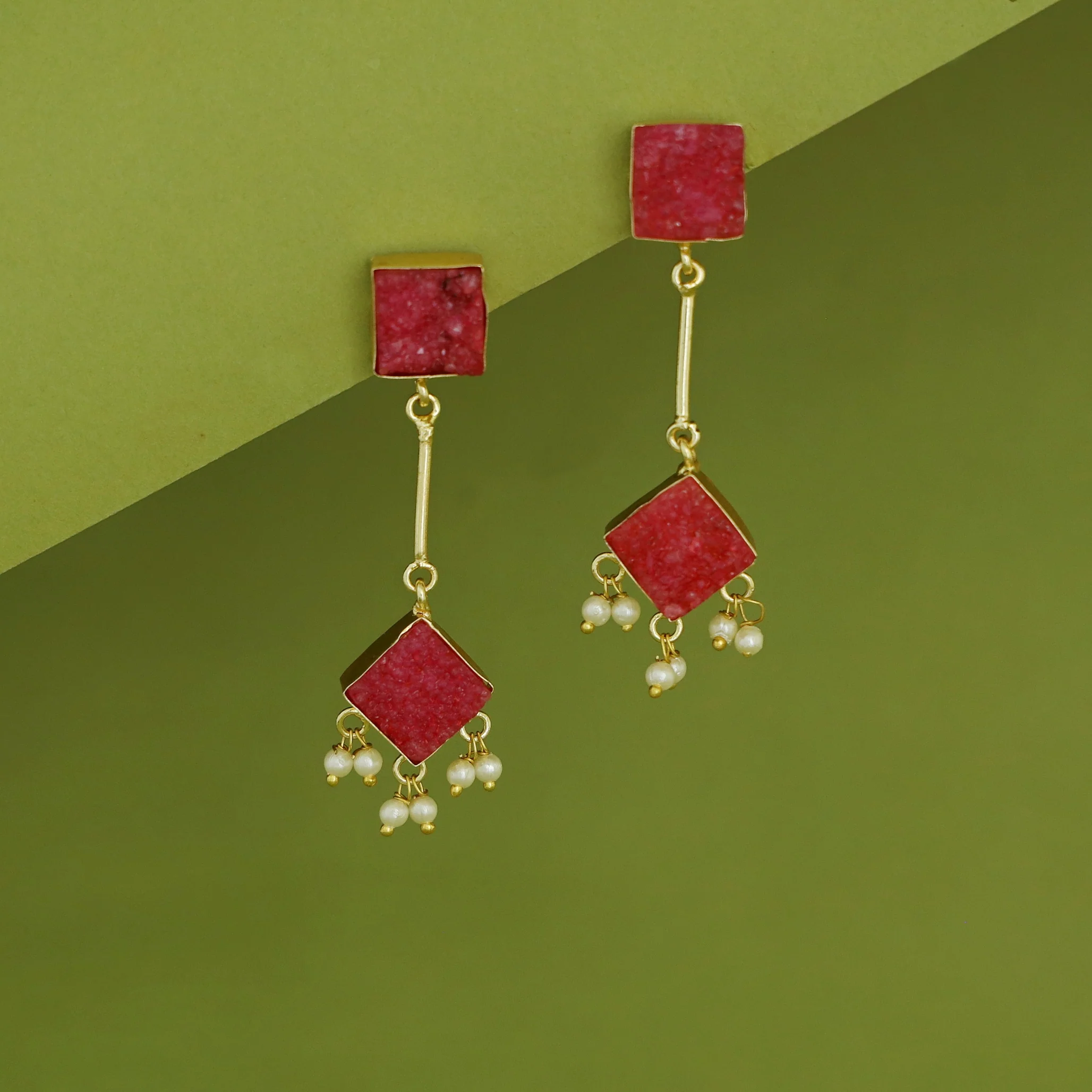 Mira Pendulum Square & Diamond Druzy Pearl Earring - Image 2