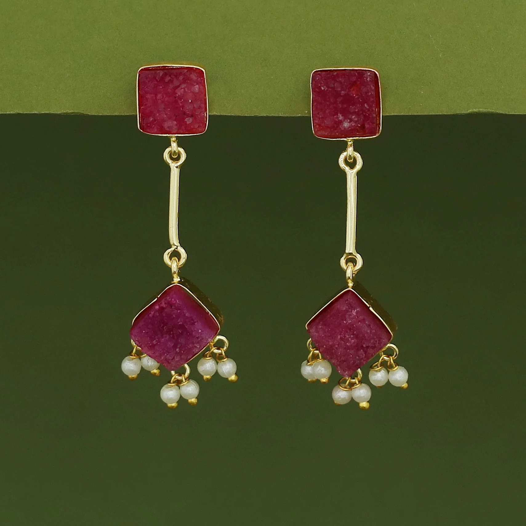 Mira Pendulum Square & Diamond Druzy Pearl Earring - Image 3