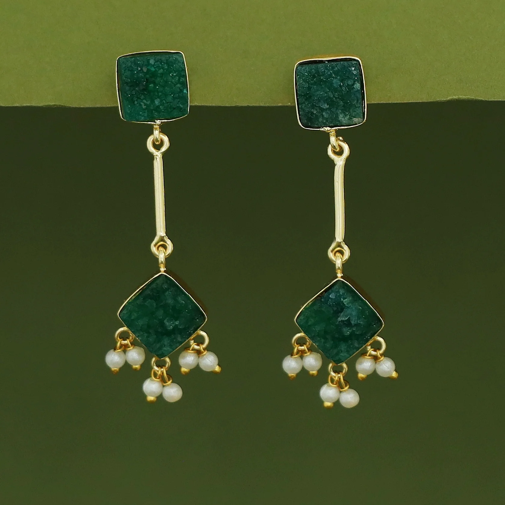 Mira Pendulum Square & Diamond Druzy Pearl Earring - Image 4