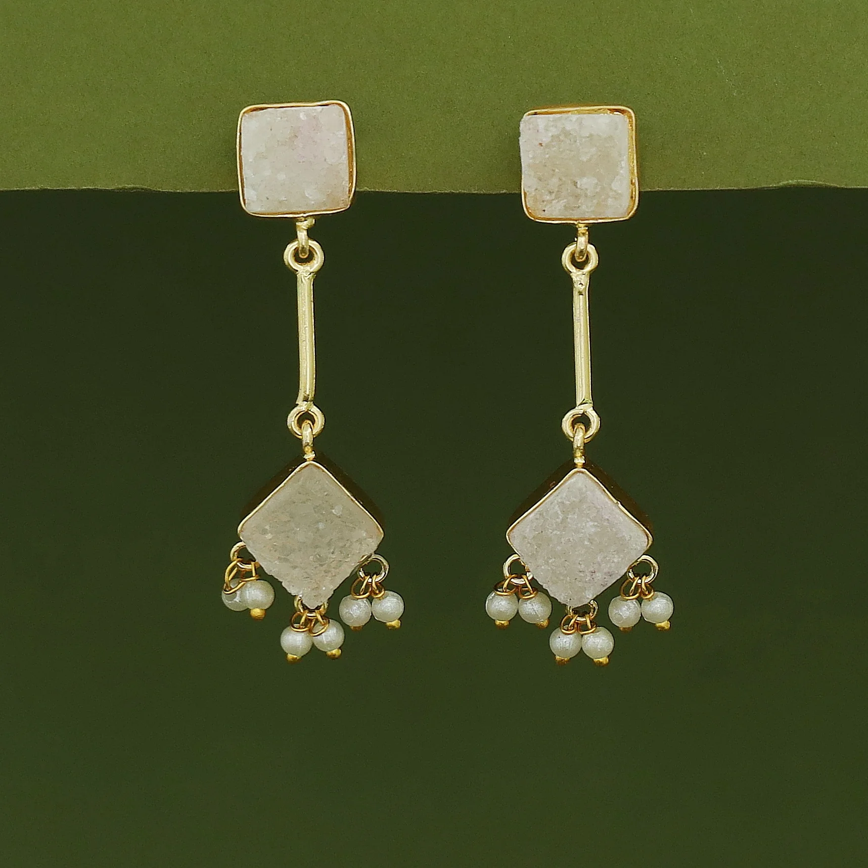 Mira Pendulum Square & Diamond Druzy Pearl Earring - Image 5