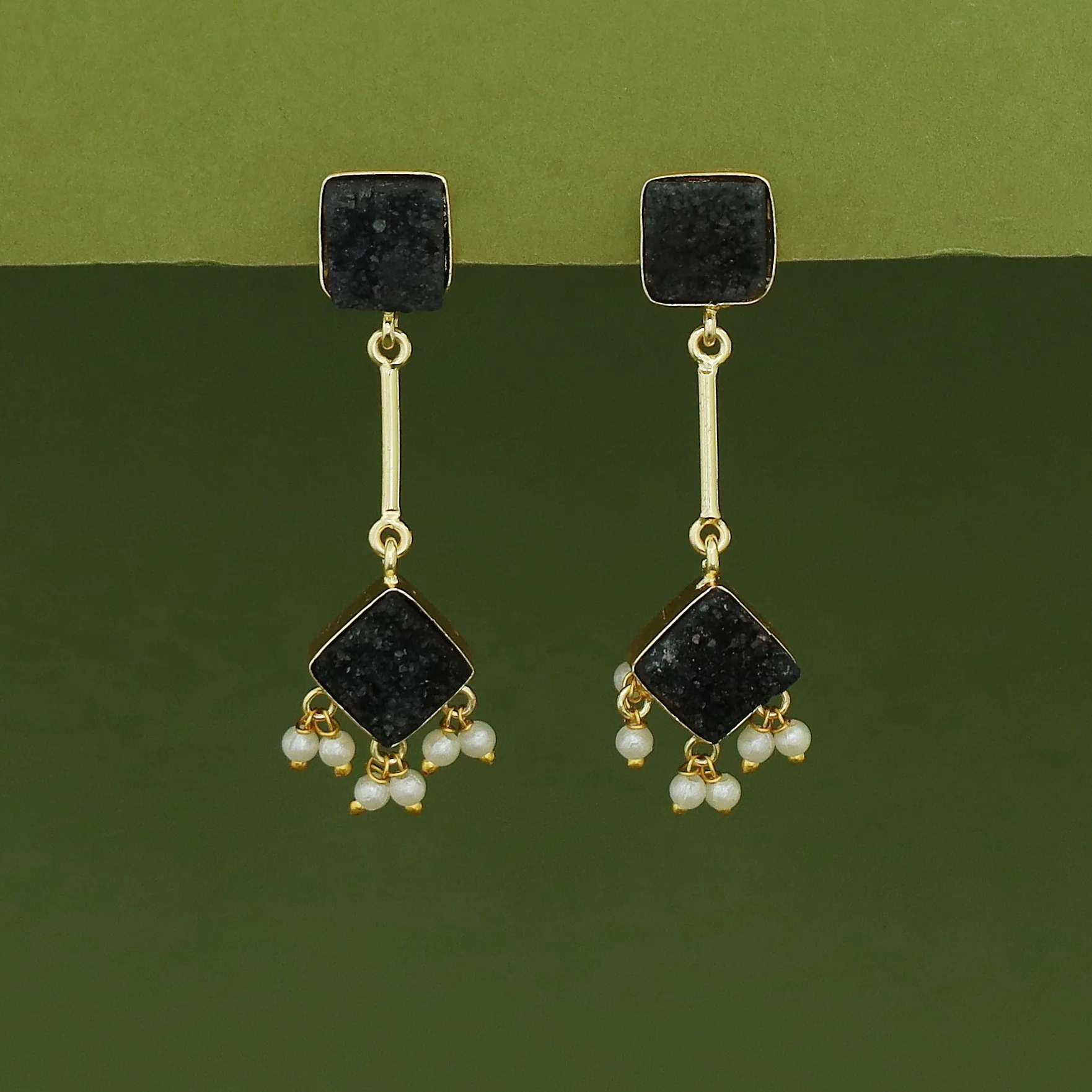 Mira Pendulum Square & Diamond Druzy Pearl Earring - Image 6