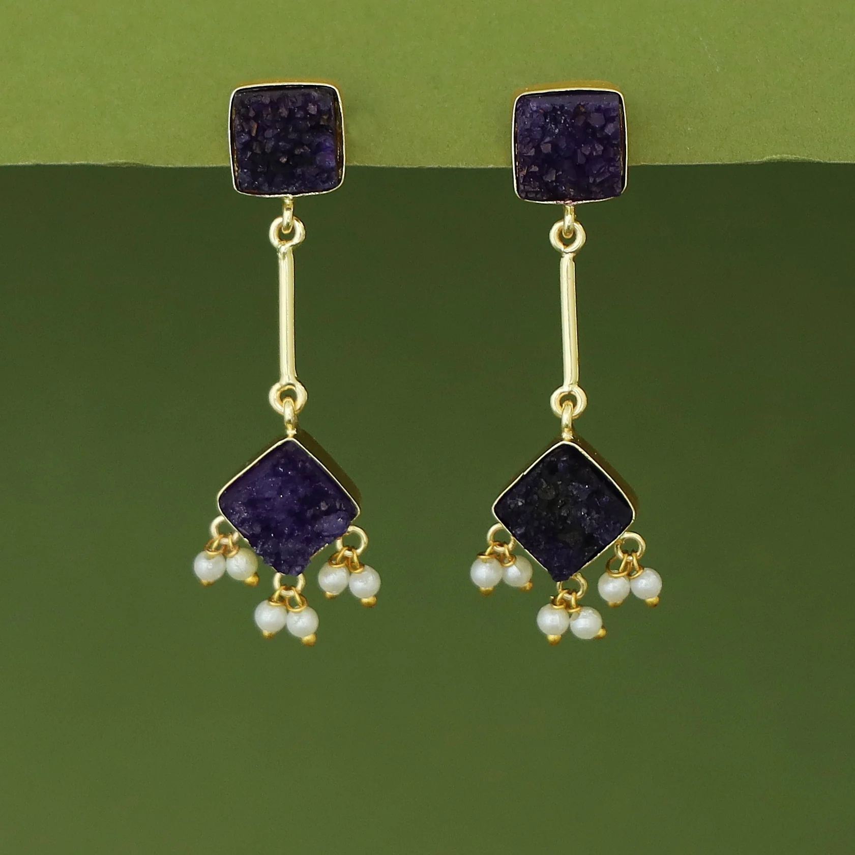 Mira Pendulum Square & Diamond Druzy Pearl Earring - Image 7