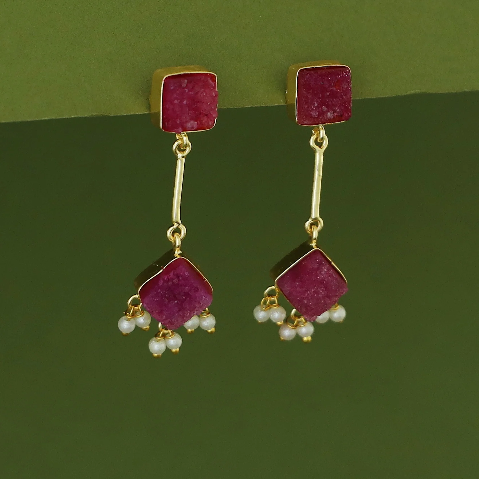 Mira Pendulum Square & Diamond Druzy Pearl Earring - Image 8
