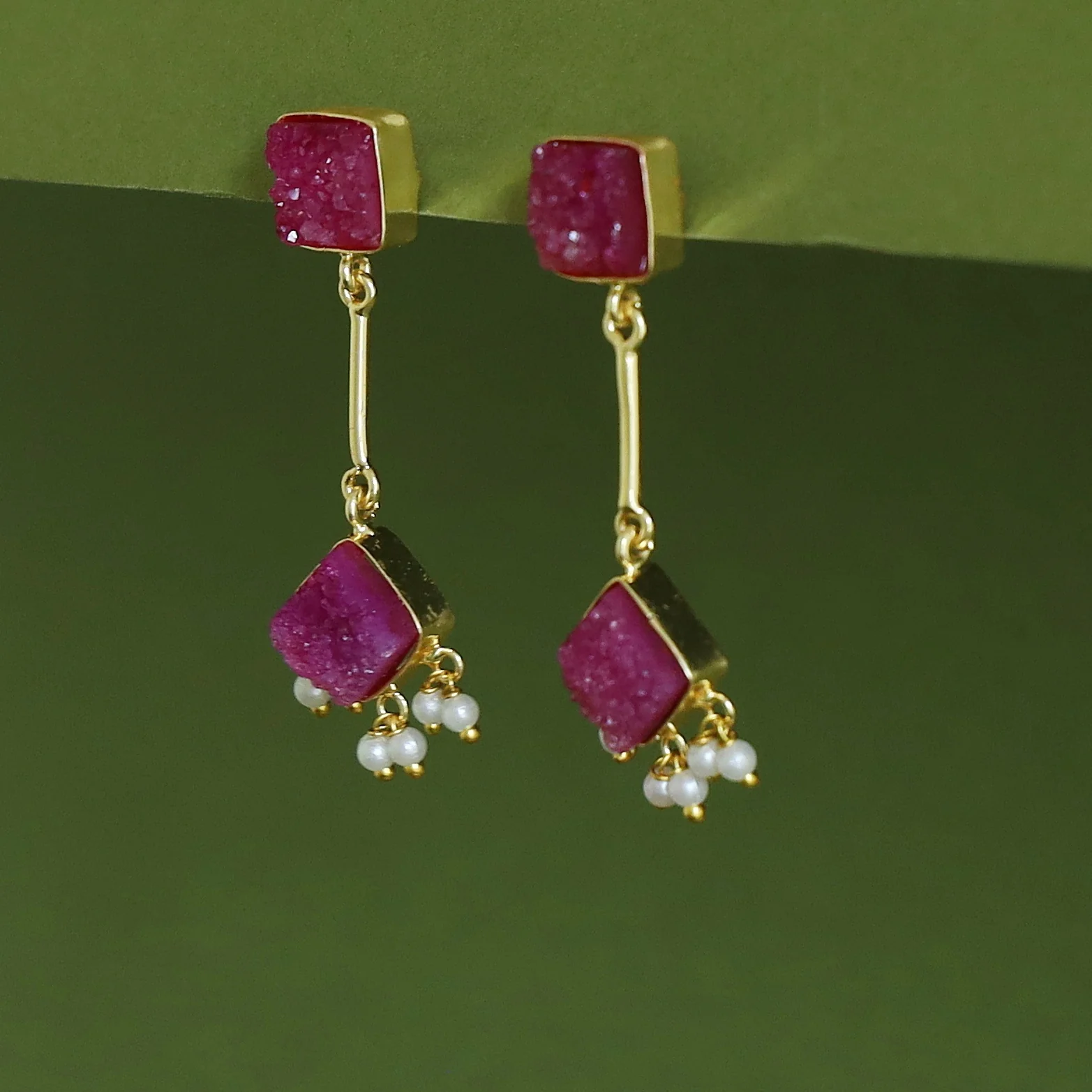 Mira Pendulum Square & Diamond Druzy Pearl Earring - Image 9