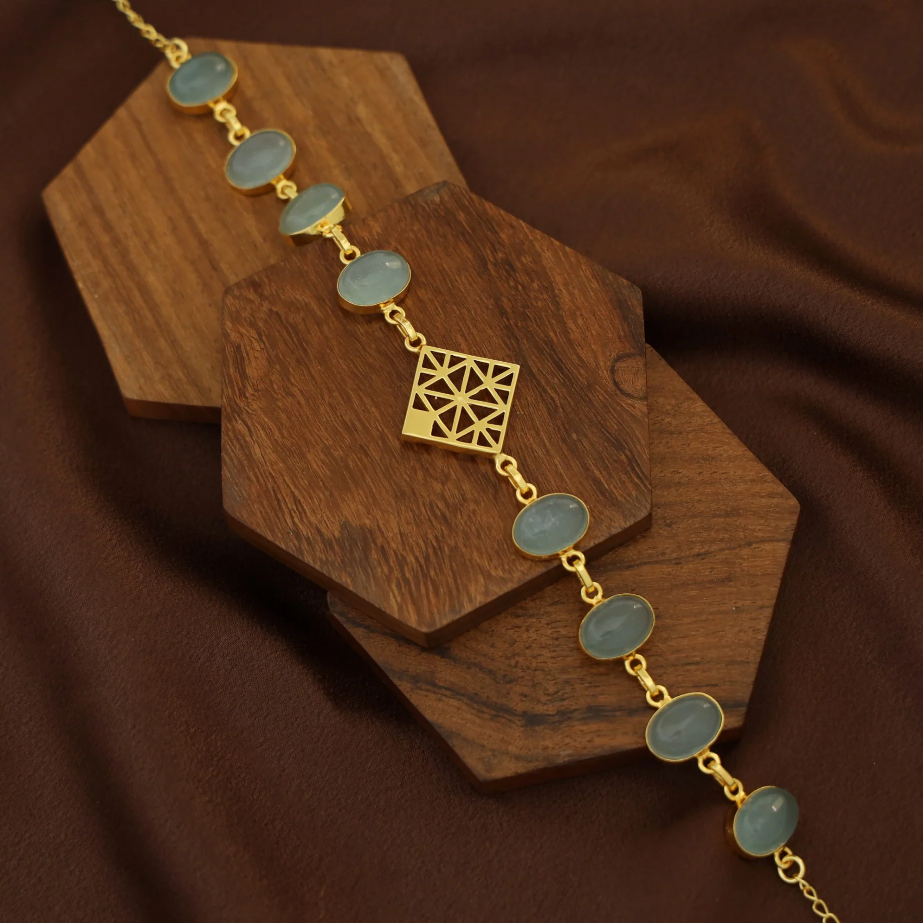 Mirelle Golden Rhombus Natural + Glossy Oval Stone Choker - Image 11